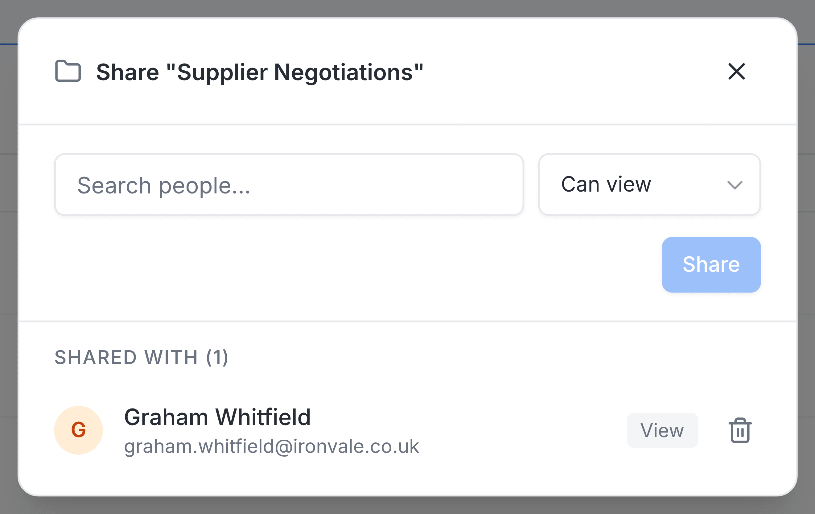 The panel headed Share Supplier Negotiations, for a folder. A Search people box sits beside a list reading Can view, above a Share button. Under Shared with (1) is Graham Whitfield, graham.whitfield@ironvale.co.uk, tagged View, with a bin icon beside him.