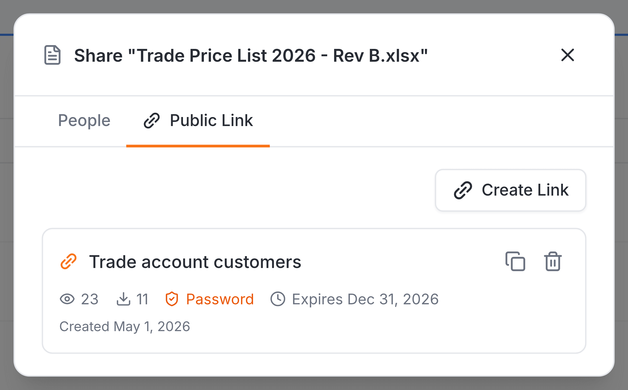 The Public Link tab for Trade Price List 2026 - Rev B.xlsx. A Create Link button sits at the top right. Below it one card, Trade account customers, showing 23 views, 11 downloads, an orange Password badge and Expires Dec 31, 2026, then Created May 1, 2026. A copy icon and a bin icon sit at the card's top right.
