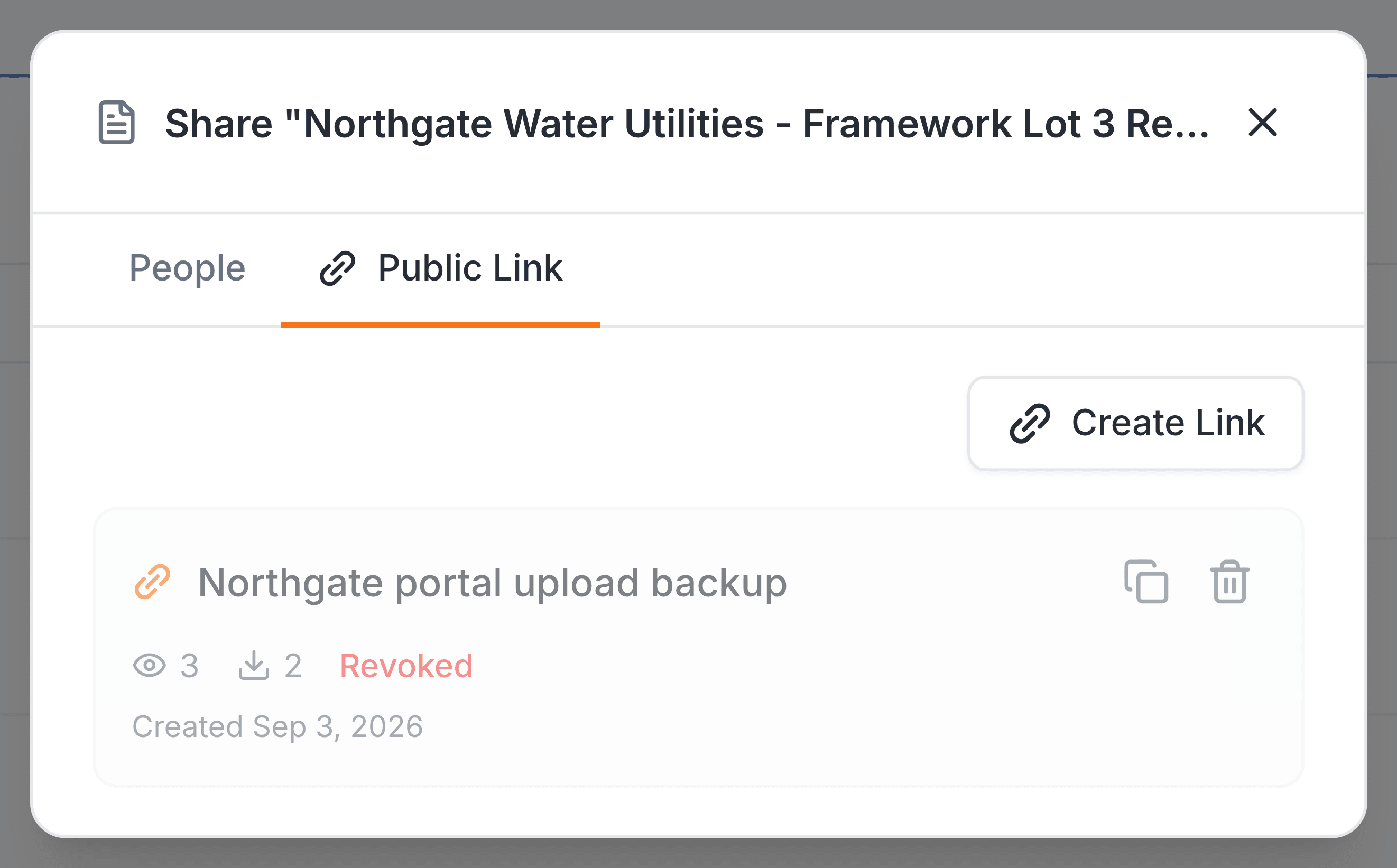 The Public Link tab for Northgate Water Utilities - Framework Lot 3 Response.docx. Its one card, Northgate portal upload backup, is greyed out and shows 3 views, 2 downloads and the word Revoked in red, with Created Sep 3, 2026 beneath.