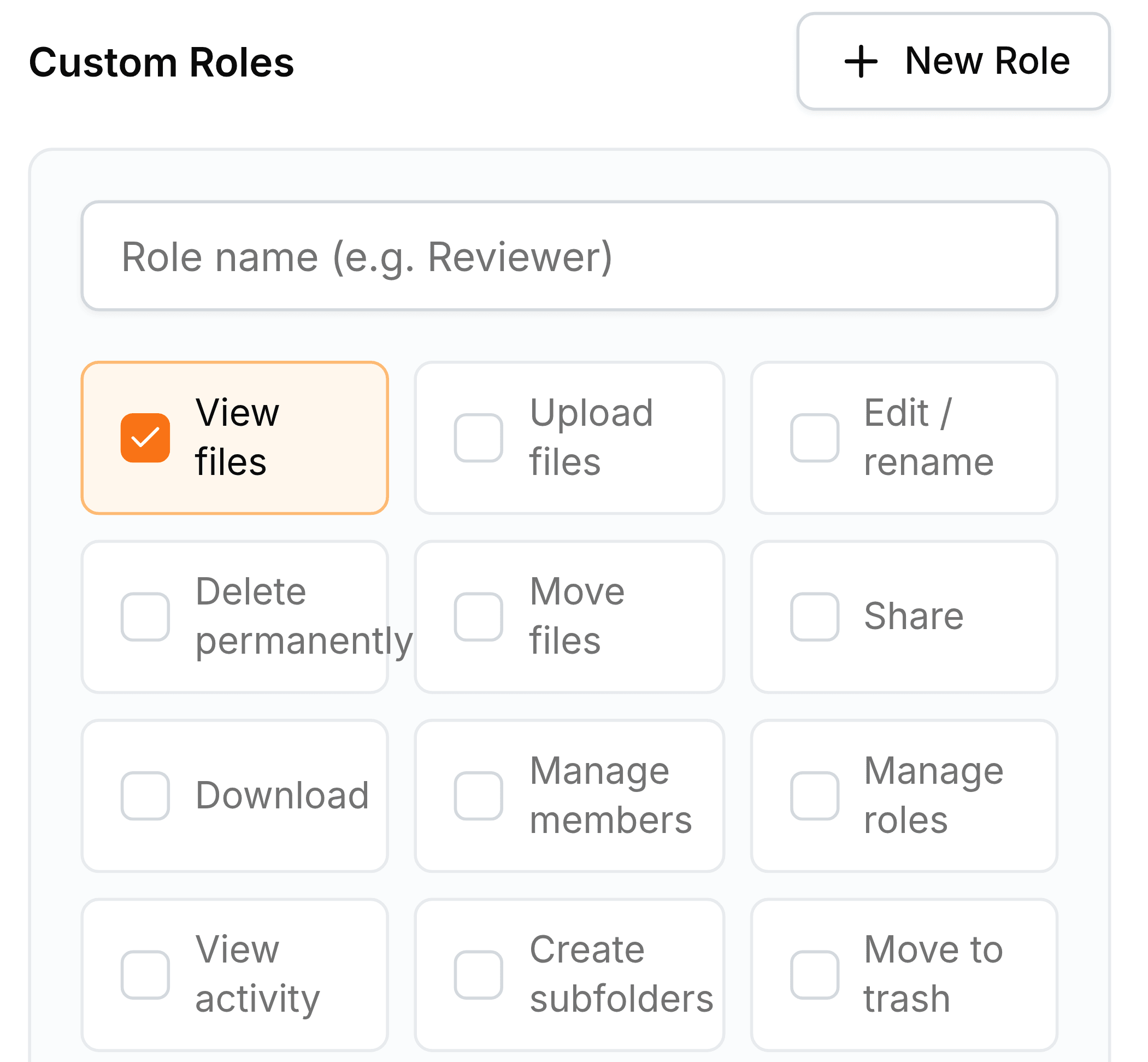 The Custom Roles section of the Roles tab with a New Role button and the new role form open: a Role name box with the hint e.g. Reviewer, then a grid of twelve permission tiles. View files is ticked and highlighted orange; Upload files, Edit / rename, Delete permanently, Move files, Share, Download, Manage members, Manage roles, View activity, Create subfolders and Move to trash are not.