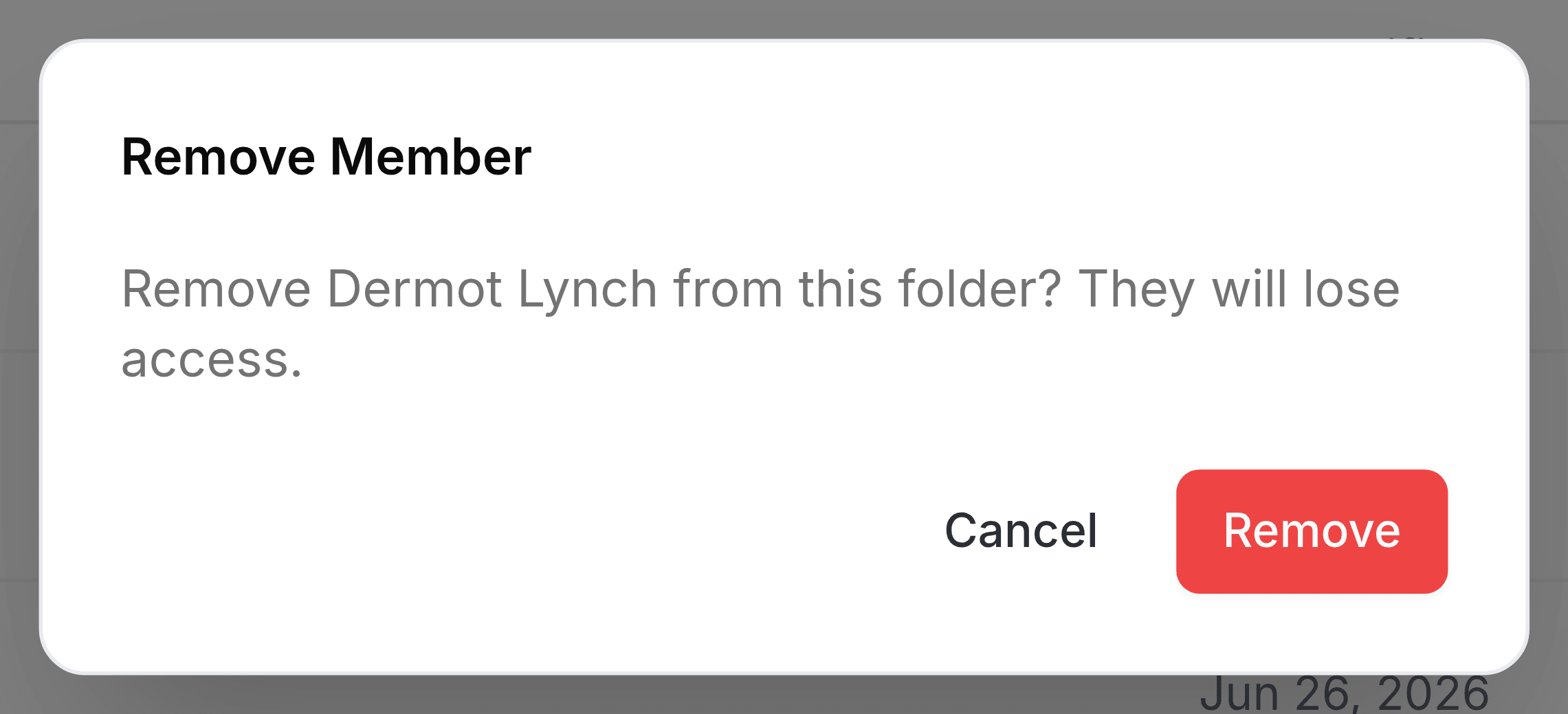 A confirmation panel headed Remove Member, reading Remove Dermot Lynch from this folder? They will lose access, with Cancel and a red Remove button.