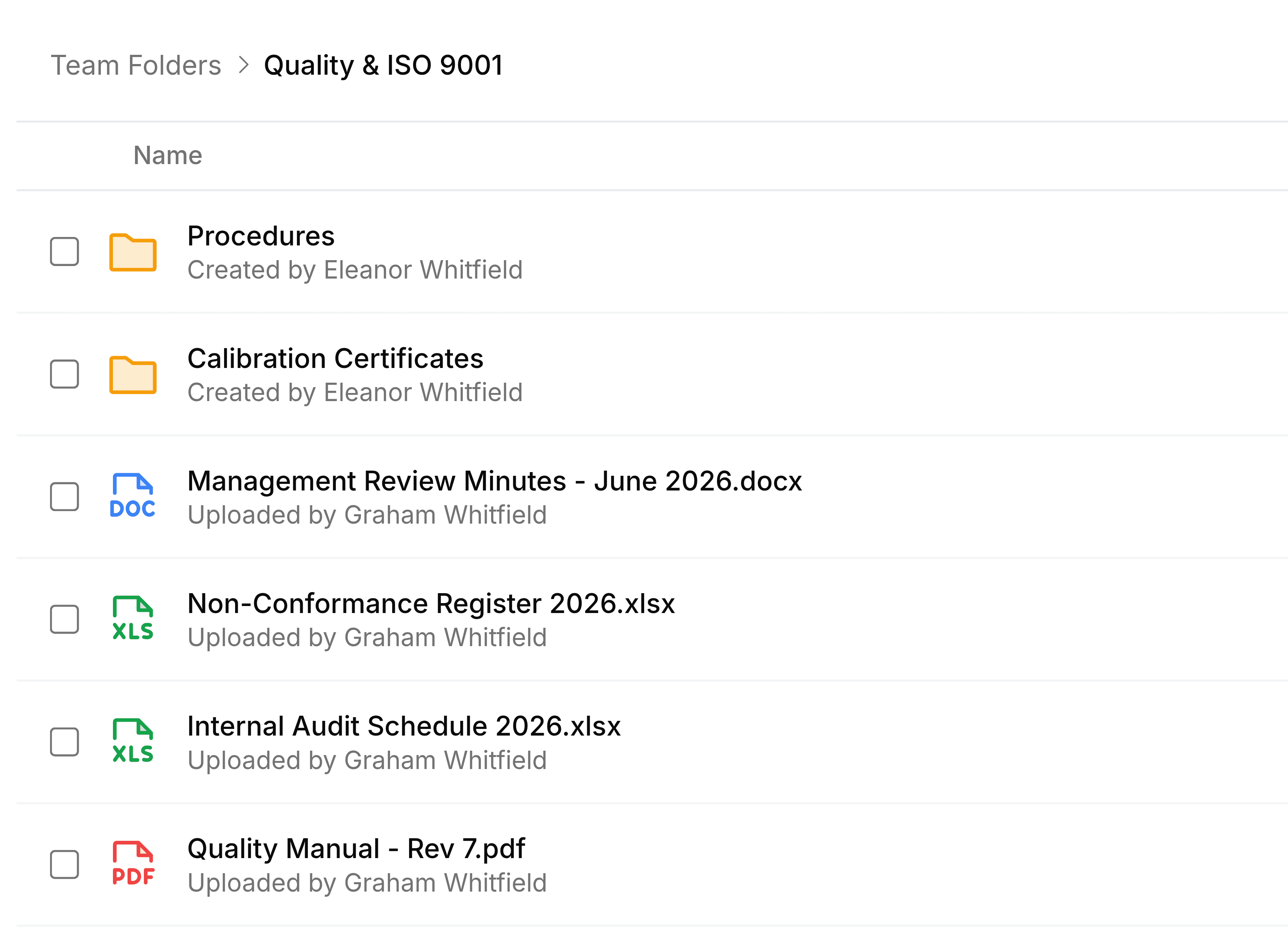 The Quality & ISO 9001 team folder, with the path Team Folders then Quality & ISO 9001. It holds two folders, Procedures and Calibration Certificates, and four files: Management Review Minutes - June 2026.docx, Non-Conformance Register 2026.xlsx, Internal Audit Schedule 2026.xlsx and Quality Manual - Rev 7.pdf.