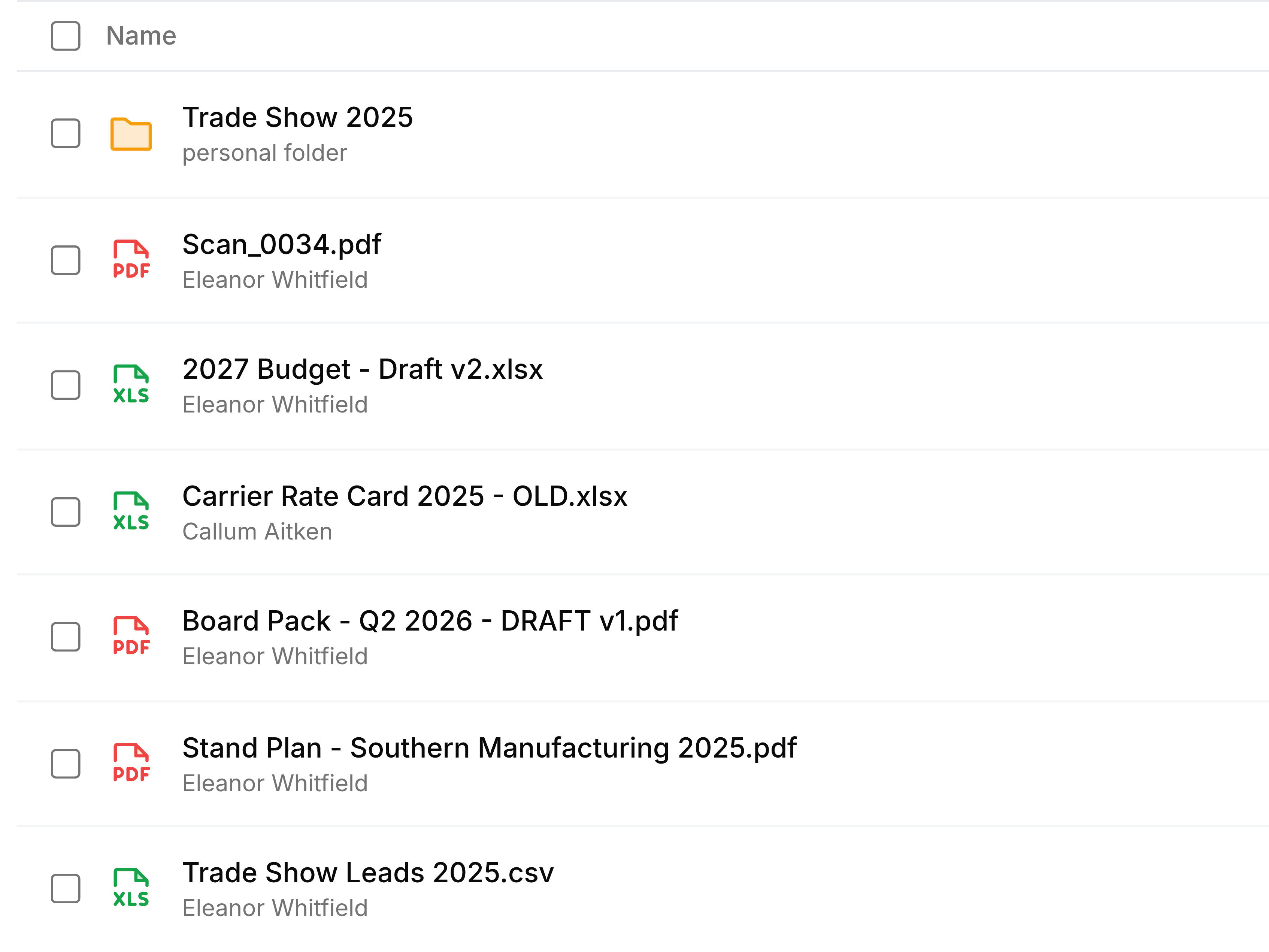 The Trash list with the Trade Show 2025 personal folder at the top and, at the bottom, Stand Plan - Southern Manufacturing 2025.pdf and Trade Show Leads 2025.csv, the files that were inside it. Other deleted files sit between them.