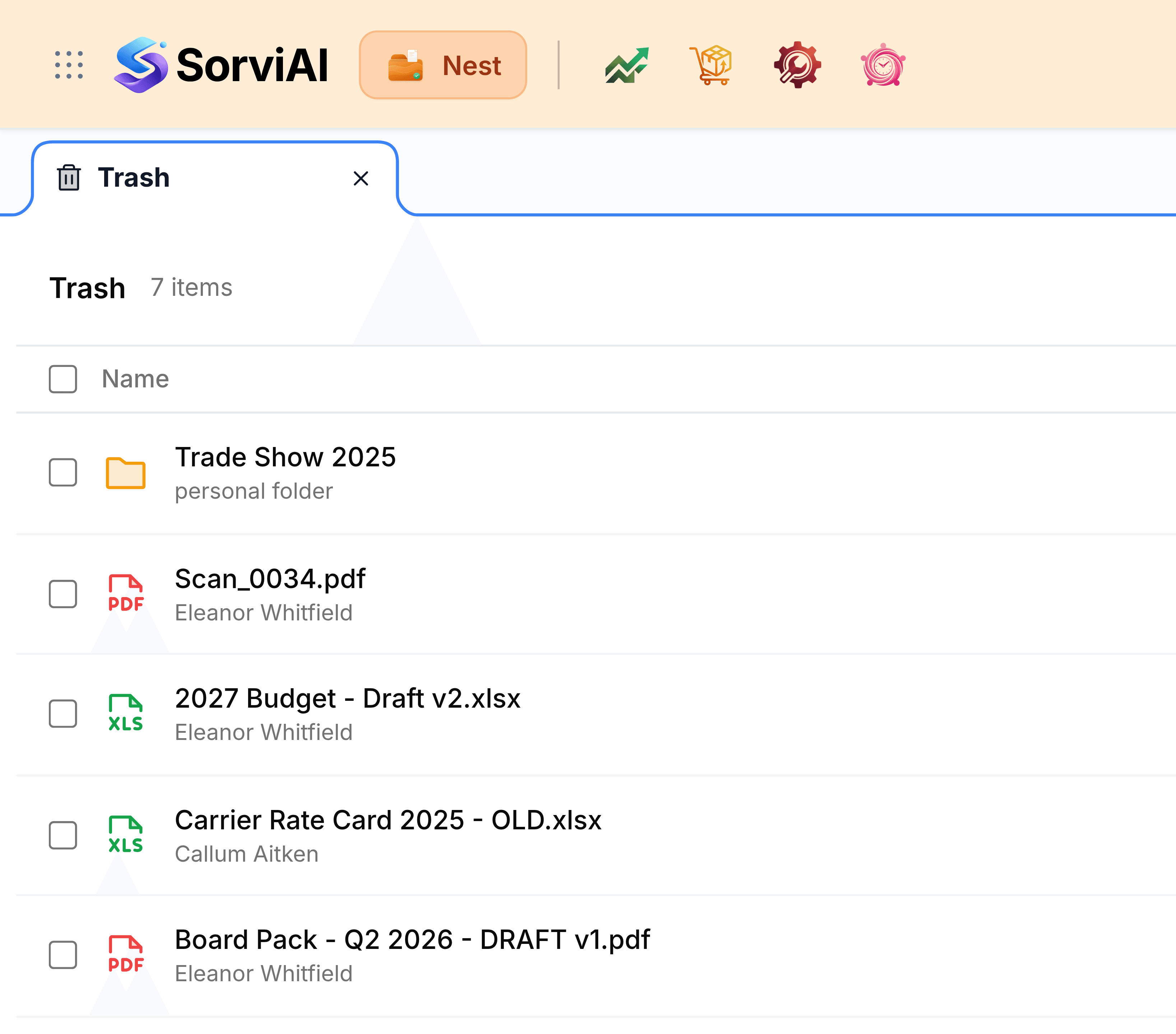 The top left of Nest with Trash open. Below the header and a Trash tab, the heading Trash reads 7 items. Beneath a Name column with a select-all checkbox are a personal folder named Trade Show 2025, then Scan_0034.pdf, 2027 Budget - Draft v2.xlsx, Carrier Rate Card 2025 - OLD.xlsx and Board Pack - Q2 2026 - DRAFT v1.pdf, all added by Eleanor Whitfield except the Carrier Rate Card, added by Callum Aitken.