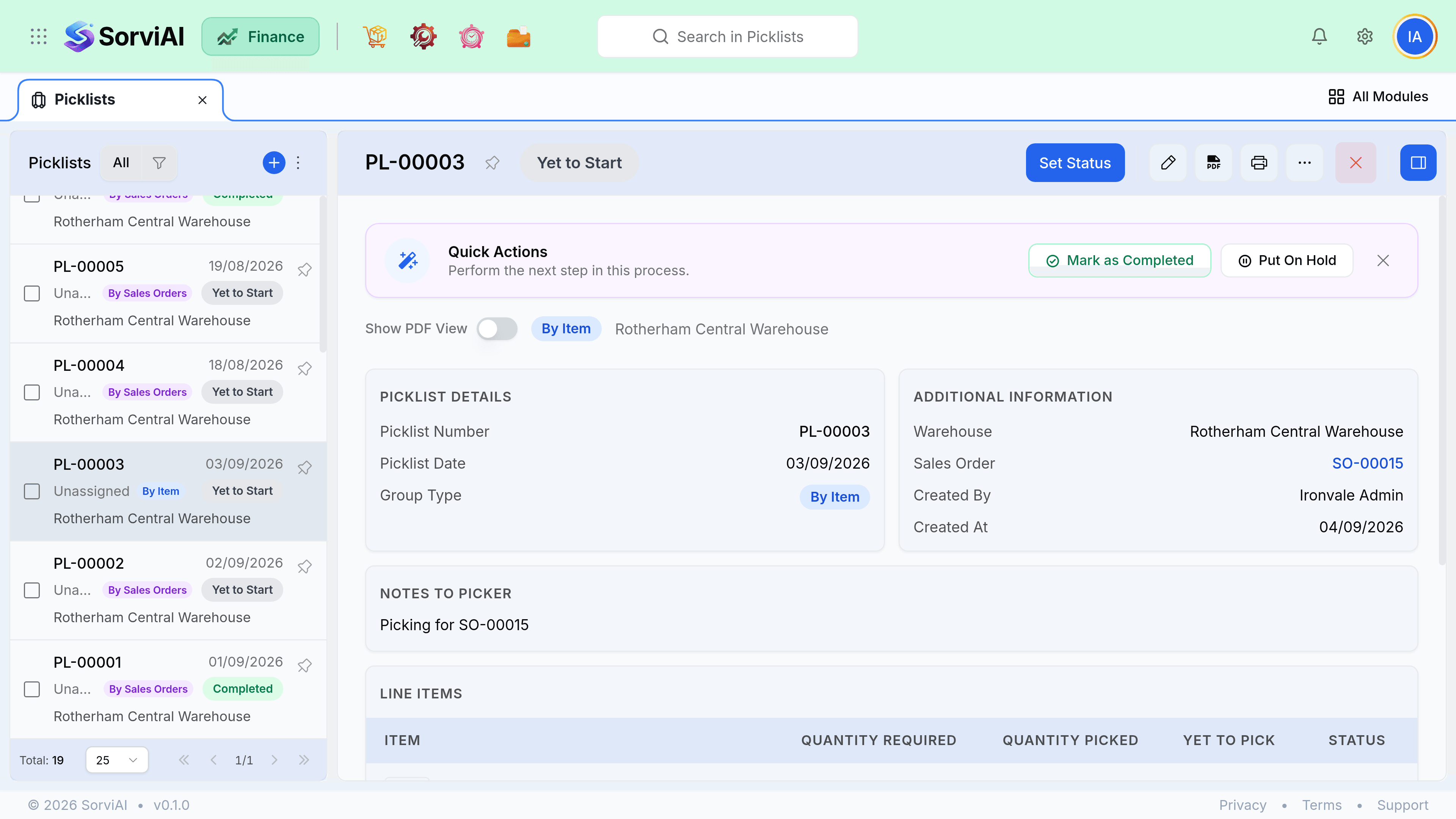 An open picklist, PL-00003, showing its status, warehouse and the lines to be picked with the quantity required against the quantity actually picked.