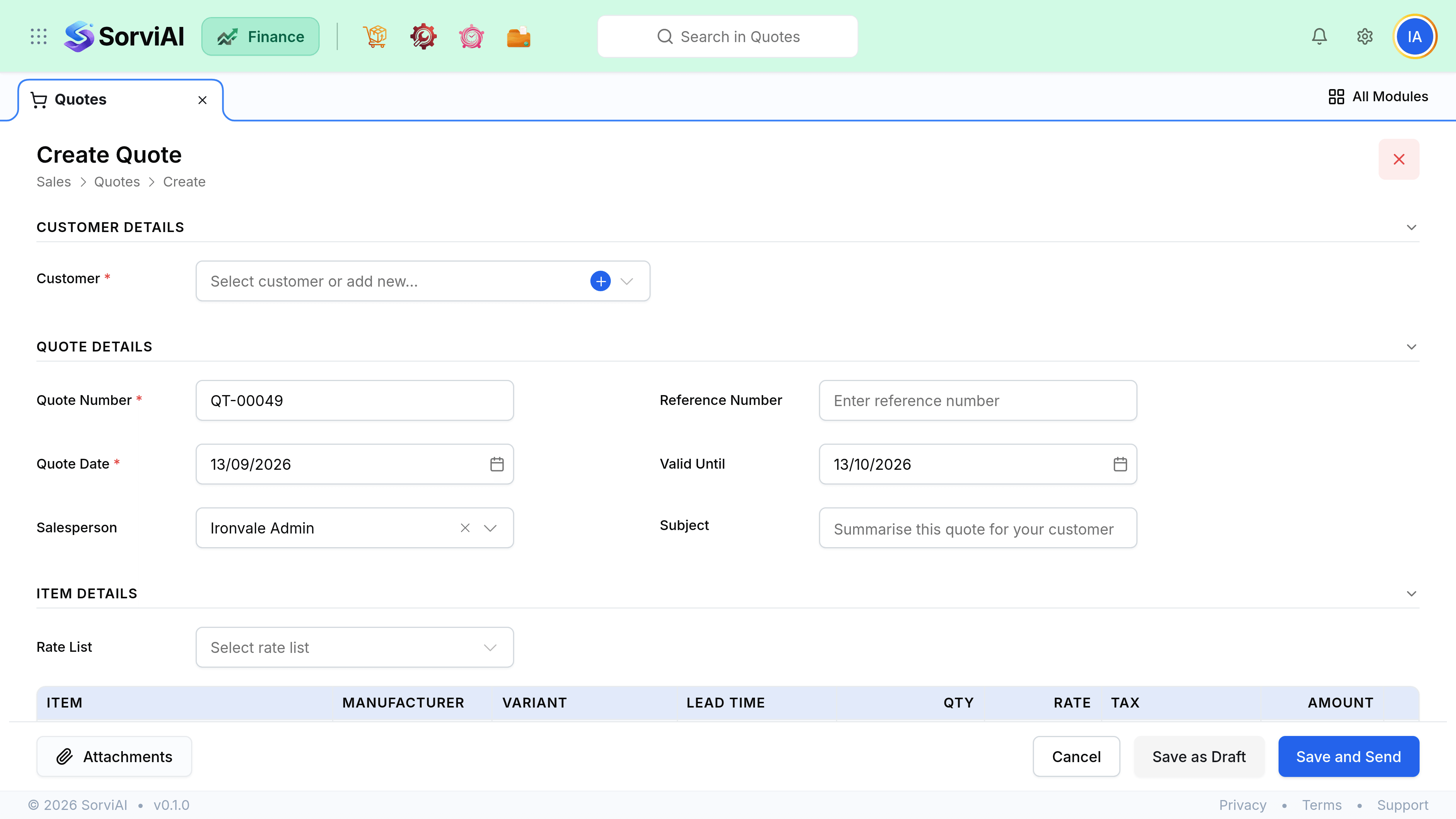 The Create Quote form. Customer Details holds the required customer picker. Quote Details holds Quote Number, Quote Date, Valid Until, Reference Number, Salesperson and Subject. Item Details below carries a rate list picker and a line table with columns for Item, Manufacturer, Variant, Lead Time, Qty, Rate, Tax and Amount. Save as Draft and Save and Send sit in the bar at the foot.