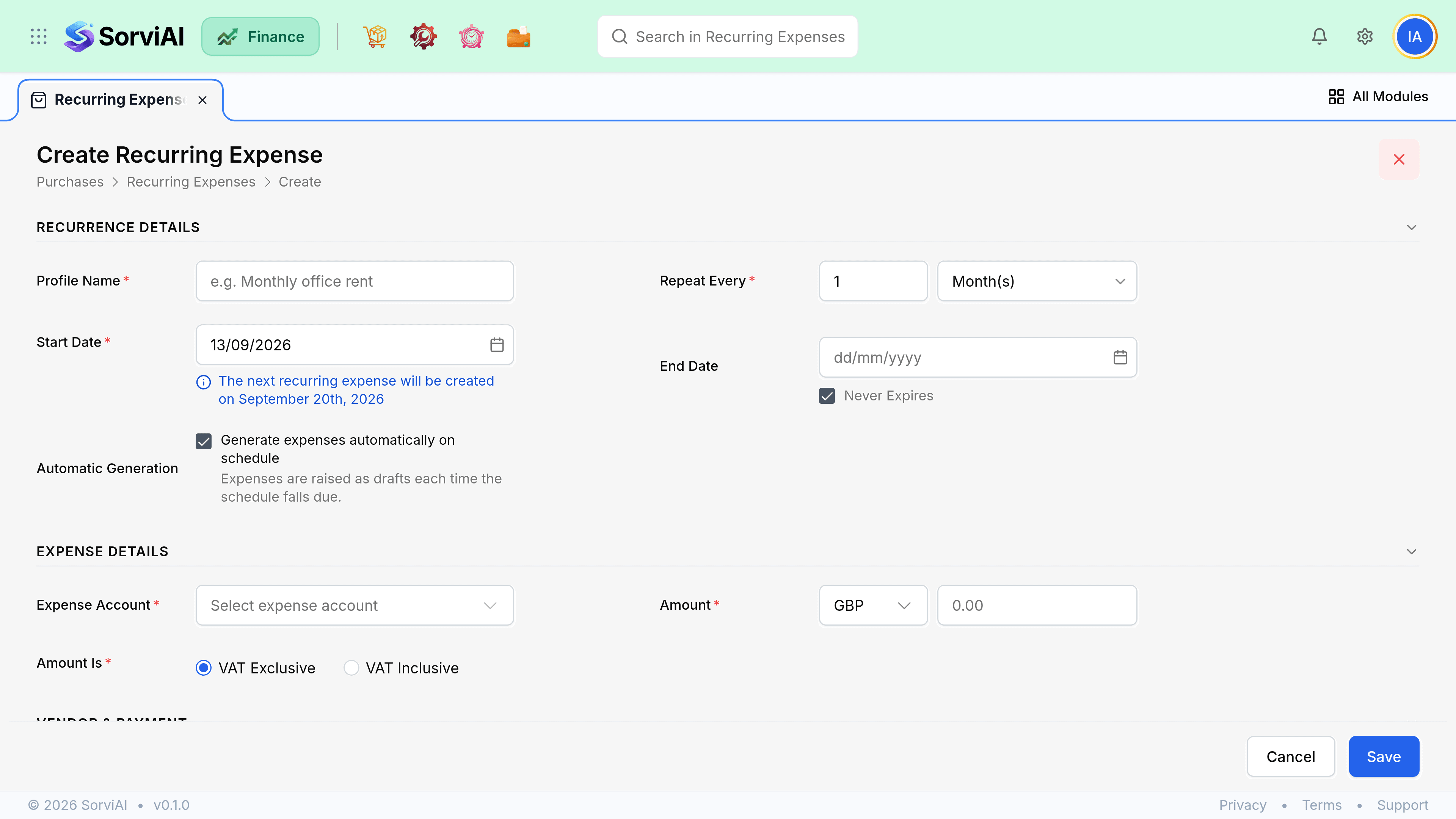 The New Recurring Expense screen. Recurrence Details holds a required Profile Name, a Repeat Every field set to 1 Month(s), a required Start Date, an Ends On date with Never Expires ticked, and an Automatic Generation checkbox reading Generate expenses automatically on schedule, noted as raising each expense as a draft. Under the start date an inline hint reads that the next recurring expense will be created on September 11th, 2026. Expense Details holds the expense account, a GBP amount and a VAT Exclusive or Inclusive choice; Vendor and Payment holds the vendor, a required Paid Through account and a reverse charge tick.