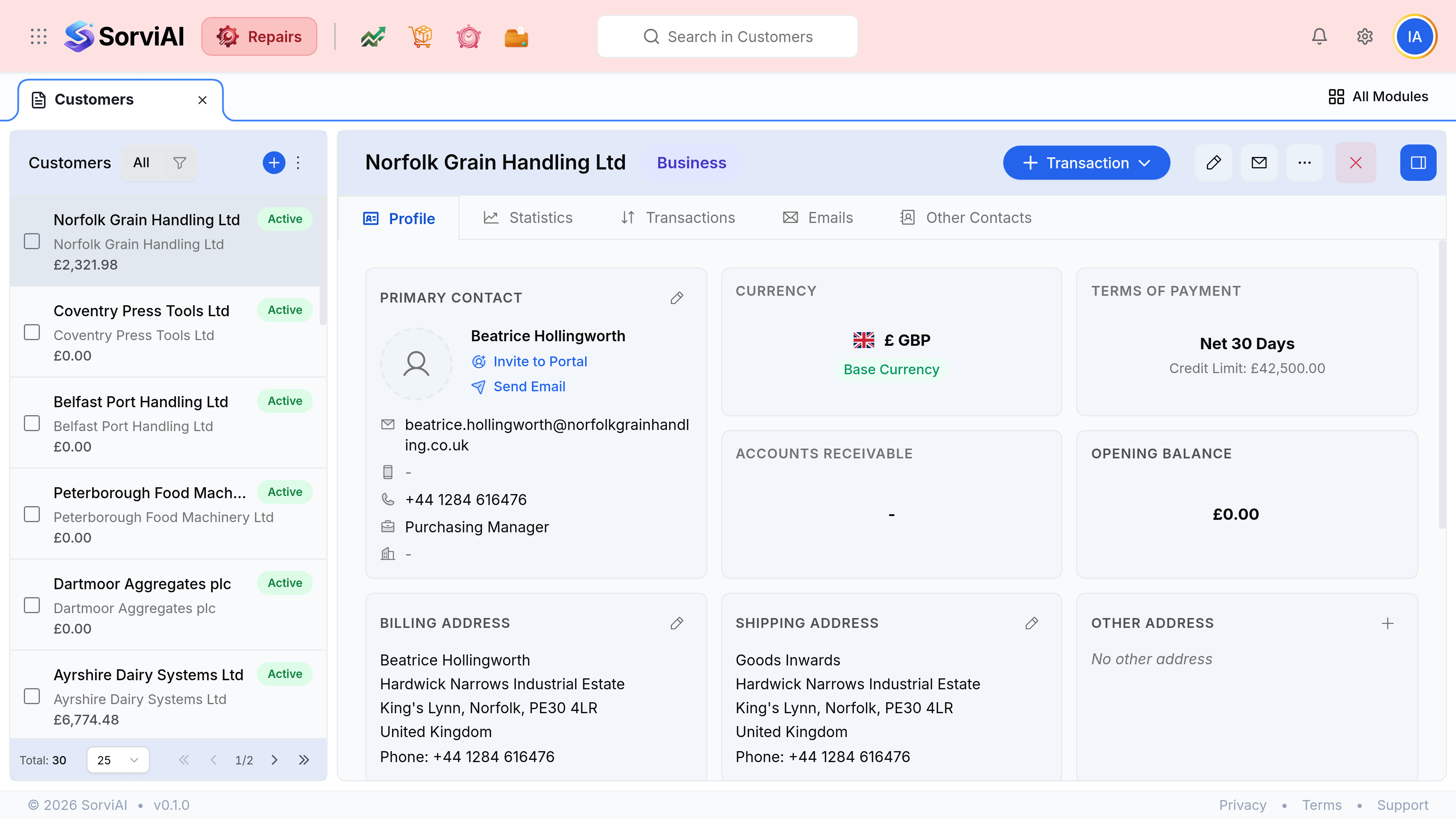 The customer record for Tyneside Dry Dock Services Ltd, badged Business, with a Transaction button in the header and five tabs reading Profile, Statistics, Transactions, Emails and Other Contacts. The Profile tab shows a Primary Contact of Callum Rutherford, Purchasing Manager, with links reading Invite to Portal and Send Email above an email address and a phone number. Panels below show Currency as GBP base currency, Accounts Receivable, Terms of Payment as Net 30 Days with a credit limit of 17,500.00 pounds, an Opening Balance of zero, and billing and shipping addresses in North Shields.