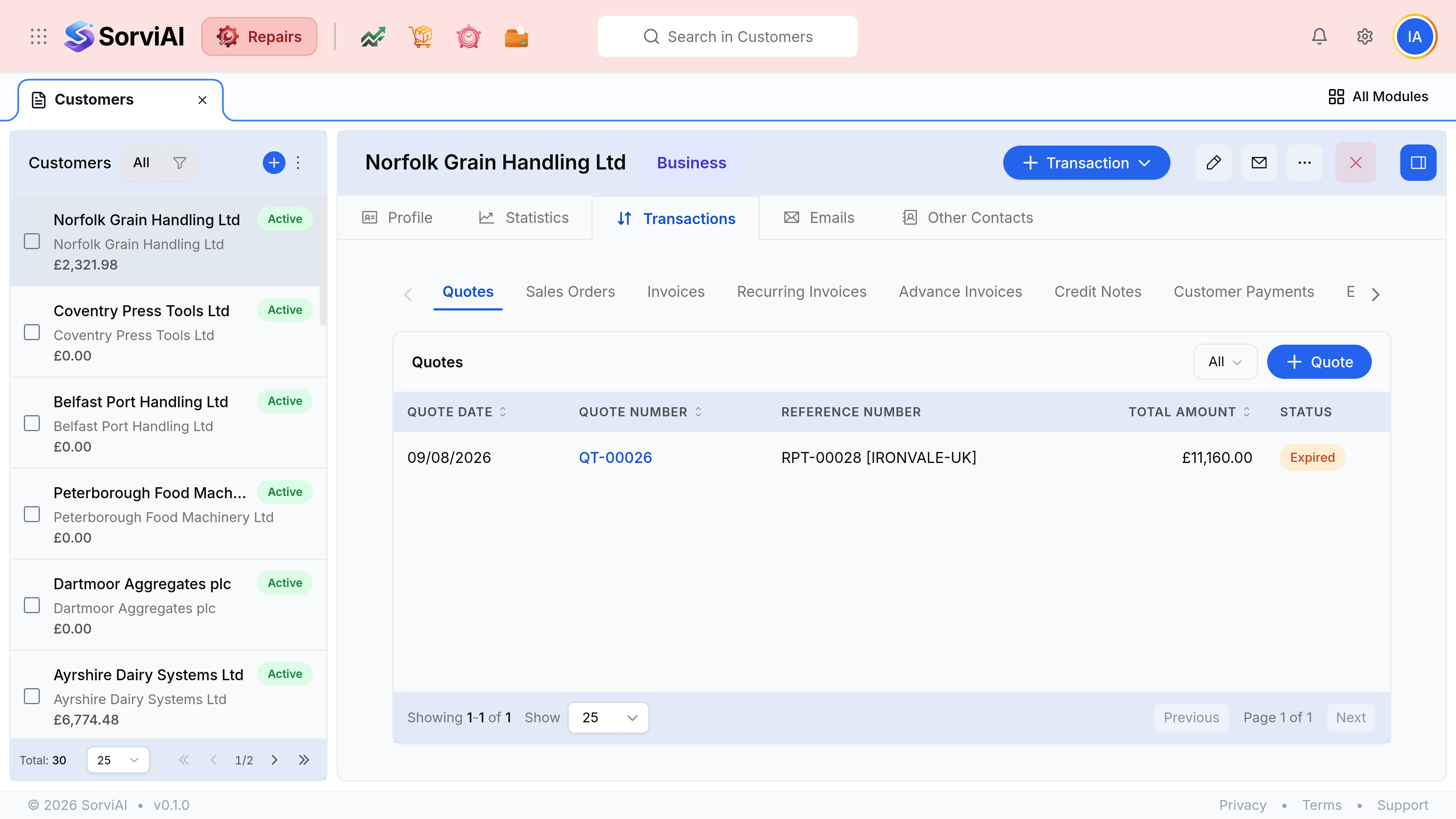 The Transactions tab of the customer record for Tyneside Dry Dock Services Ltd. An inner row of tabs reads Quotes, Sales Orders, Invoices, Recurring Invoices, Advance Invoices and Credit Notes, with Quotes selected. The table beneath has columns Date, Quote Number, Reference, Total Amount and Status, listing QT-00030 dated 16/07/2026 against reference RPT-00021 for 12,074.52 pounds marked Draft, and QT-00034 dated 28/07/2026 against reference RPT-00054 for 35,319.96 pounds marked Draft. The foot reads showing 1 to 2 of 2.