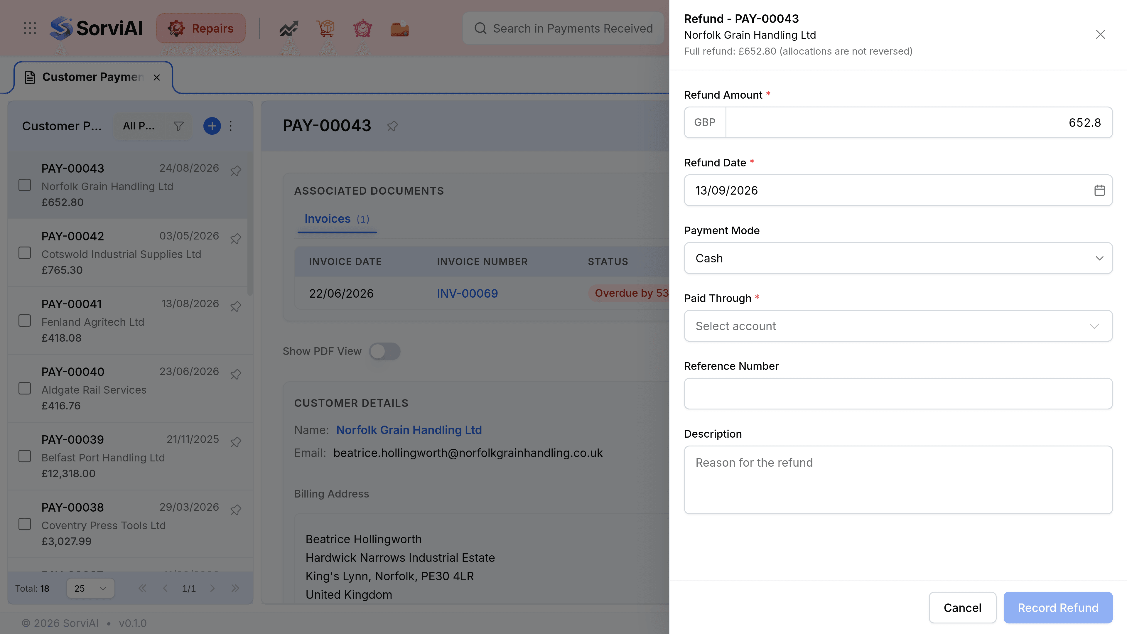 A Refund panel over payment PAY-00043 for Norfolk Grain Handling Ltd, headed Refund - PAY-00043 and noting Full refund 652.80 pounds with allocations are not reversed in brackets. It holds a required Refund Amount of 652.8 in GBP, a required Refund Date of 07/09/2026, a Payment Mode set to Cash, a required From Account picker reading Select account, a Reference Number, and a Description box reading Reason for the refund. Cancel and Record Refund sit at the foot.
