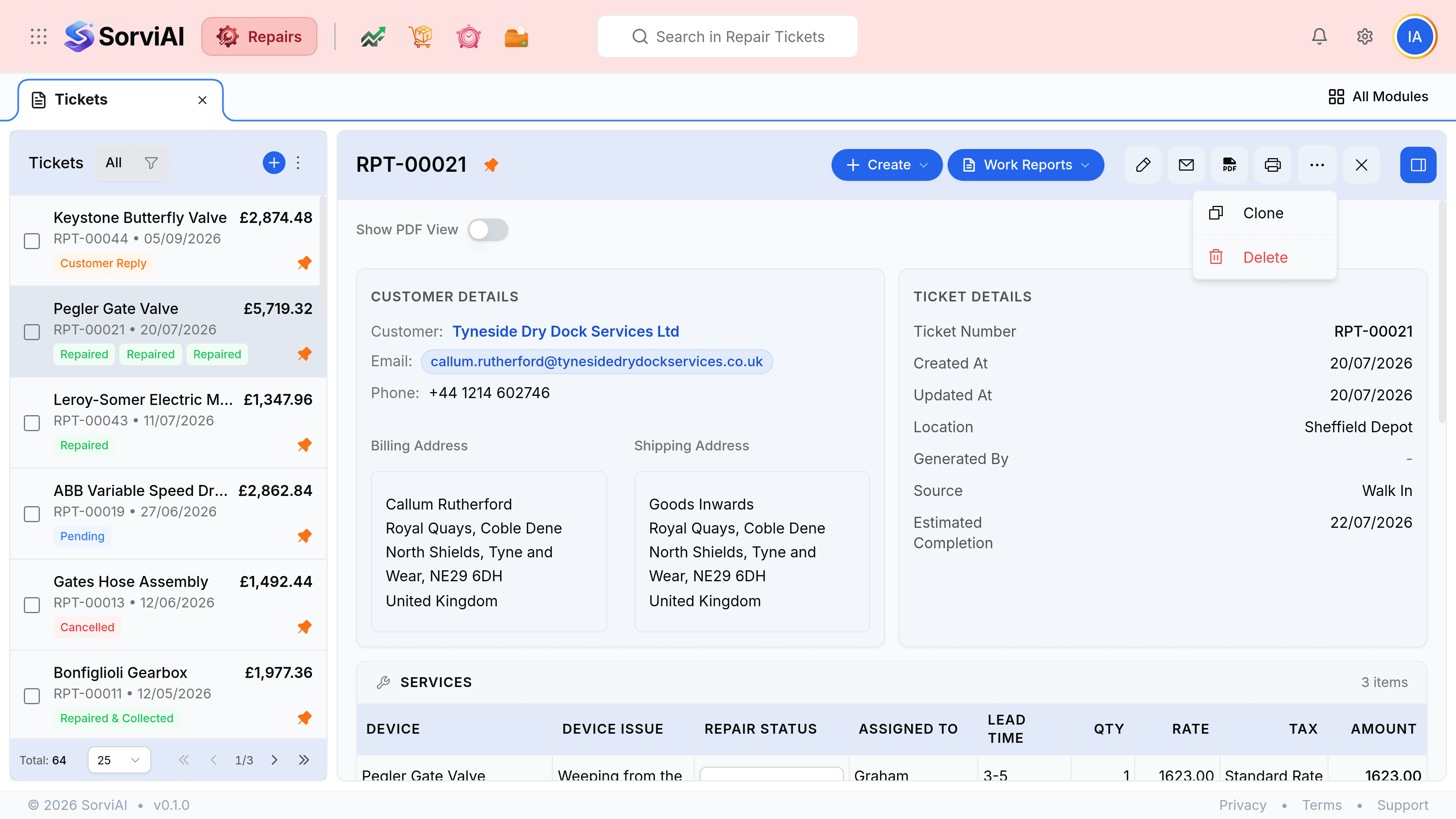 Ticket RPT-00021 with the three dot menu open in its header, offering Clone and, in red, Delete. The header also carries a Create dropdown, a Work Reports dropdown, and separate icons for edit, email, PDF, print, the three dot menu, close and a panel toggle.