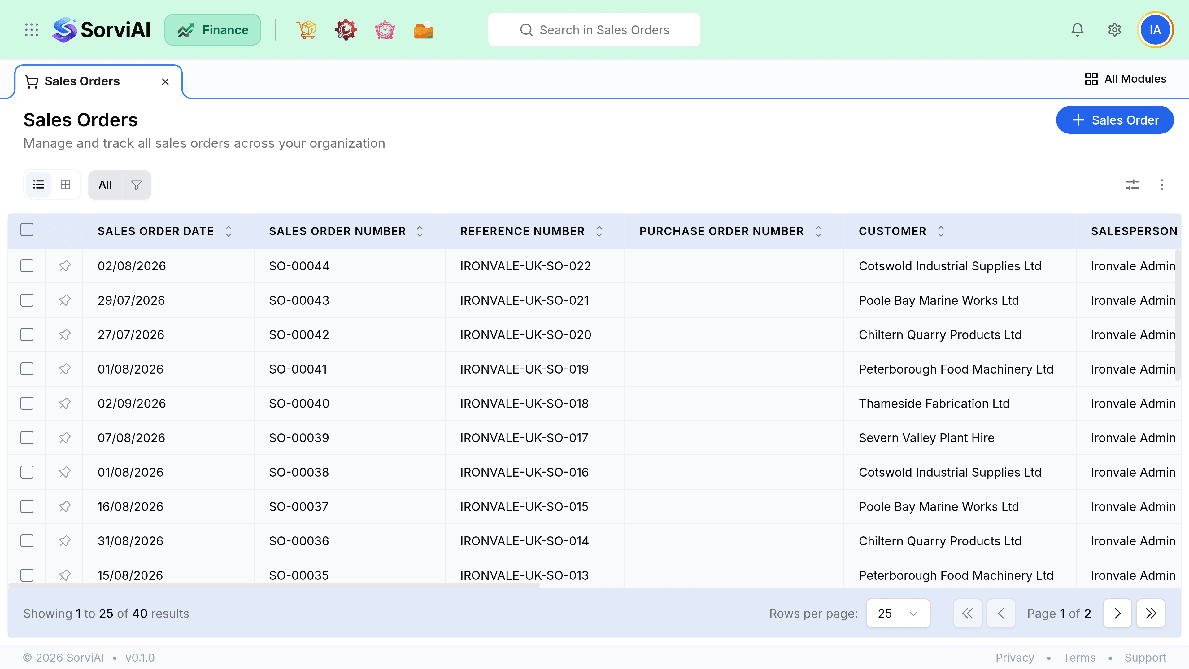 The Sales Orders screen. A table lists orders with columns for Sales Order Date, Sales Order Number, Reference Number, Purchase Order, Customer, Salesperson, Status and Amount. Status badges read Confirmed, Draft and Open.