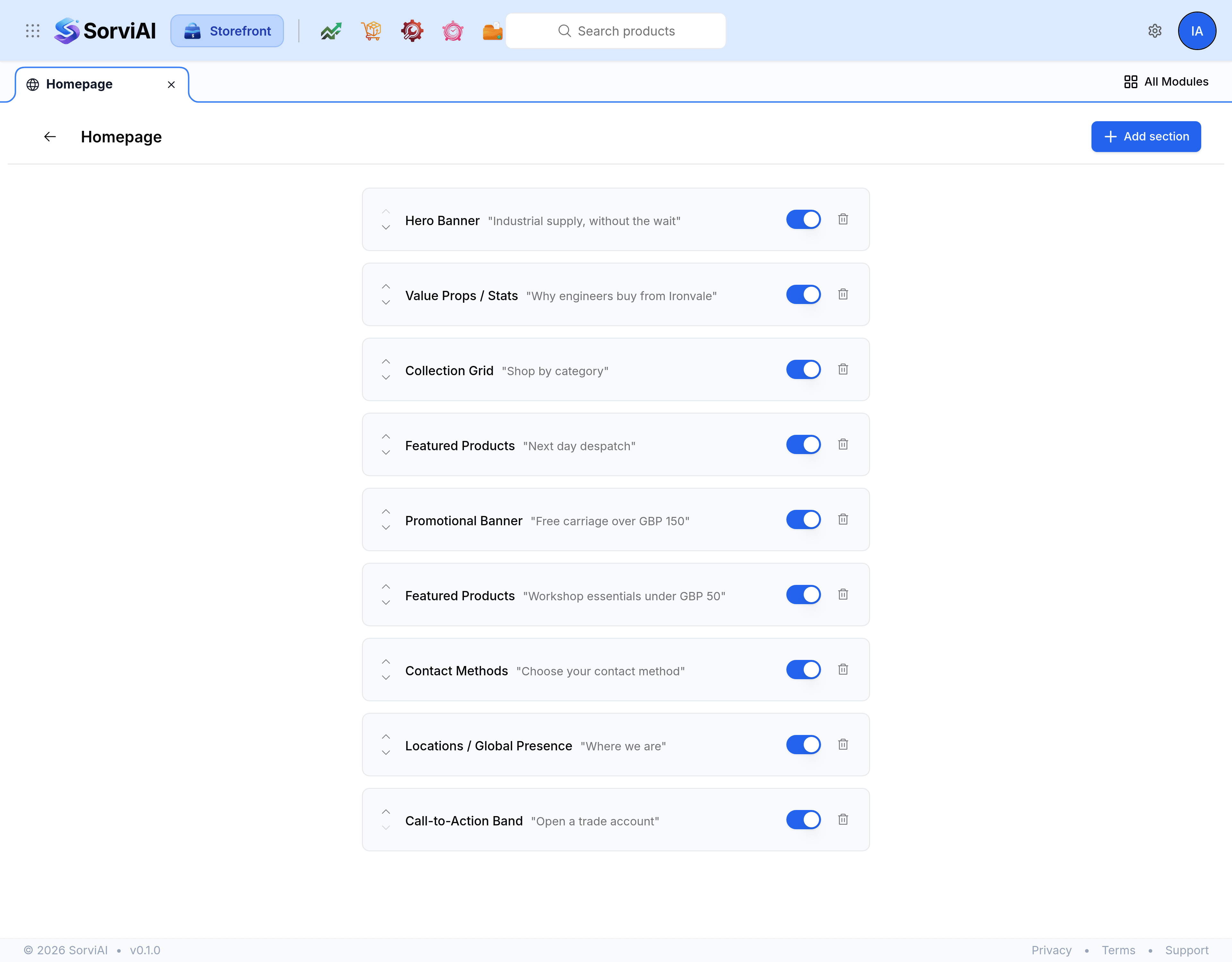 The Homepage editor listing nine sections top to bottom: Hero Banner, Value Props / Stats, Collection Grid, Featured Products, Promotional Banner, a second Featured Products, Contact Methods, Locations / Global Presence and Call-to-Action Band. Each carries its heading in quotes, a switch and a delete control.