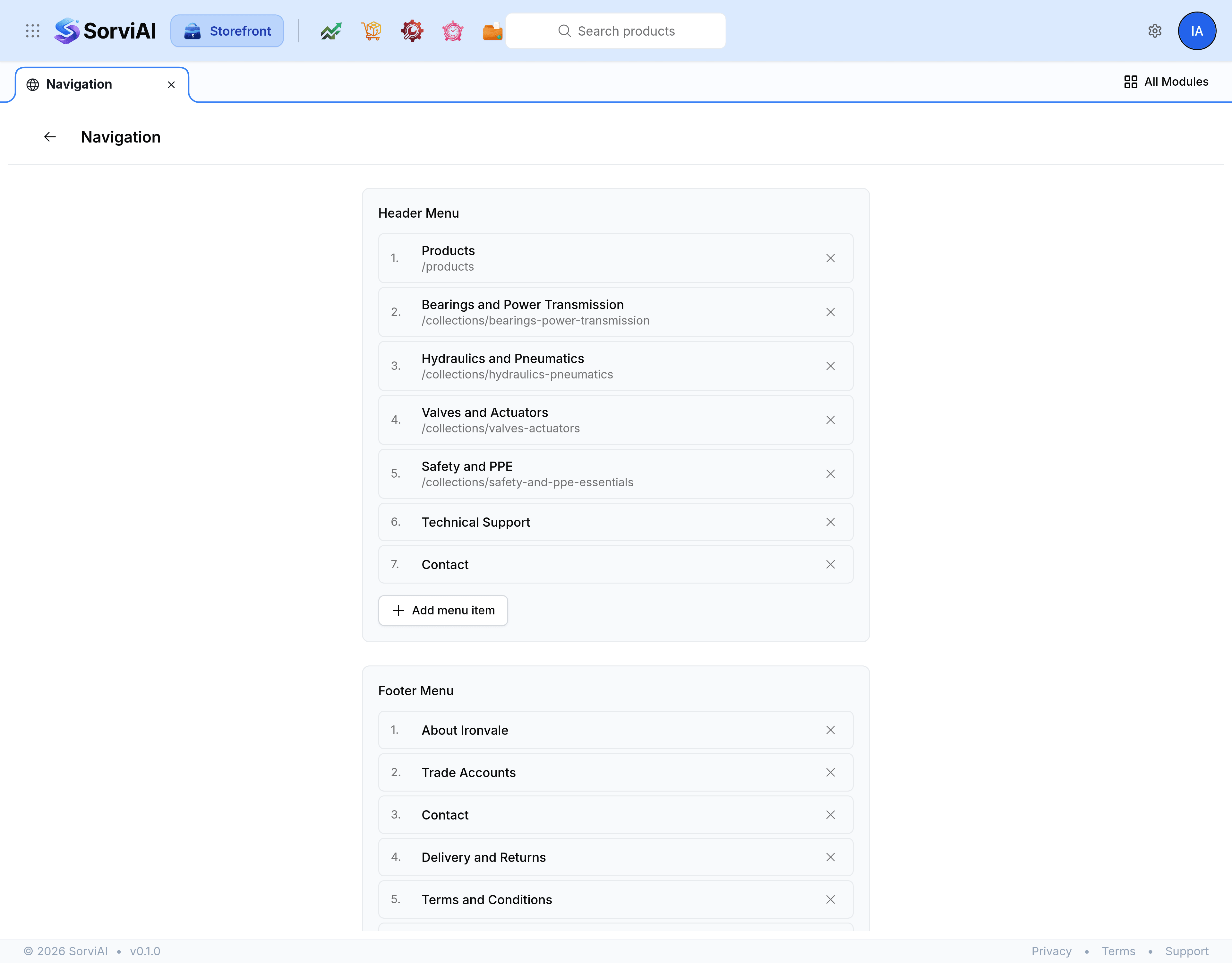 The Navigation screen showing a Header Menu card and a Footer Menu card. The header menu lists its entries in order, each with the address it points at underneath and a remove control at the end of the row.