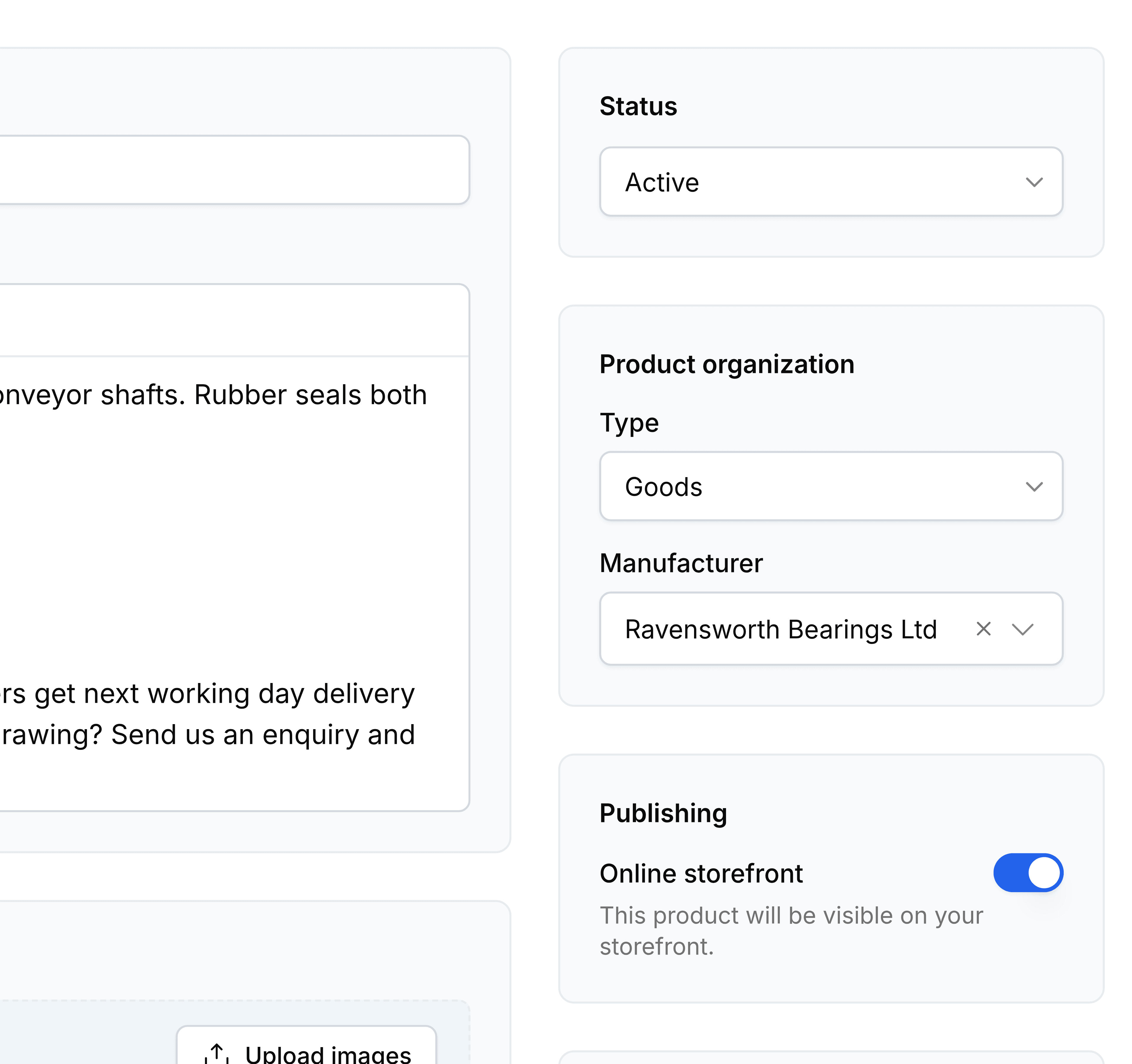 The Status, Product organization, Publishing and Tags cards down the right of a product. The Publishing card holds a single switch labelled Online storefront, turned on, above the note This product will be visible on your storefront.