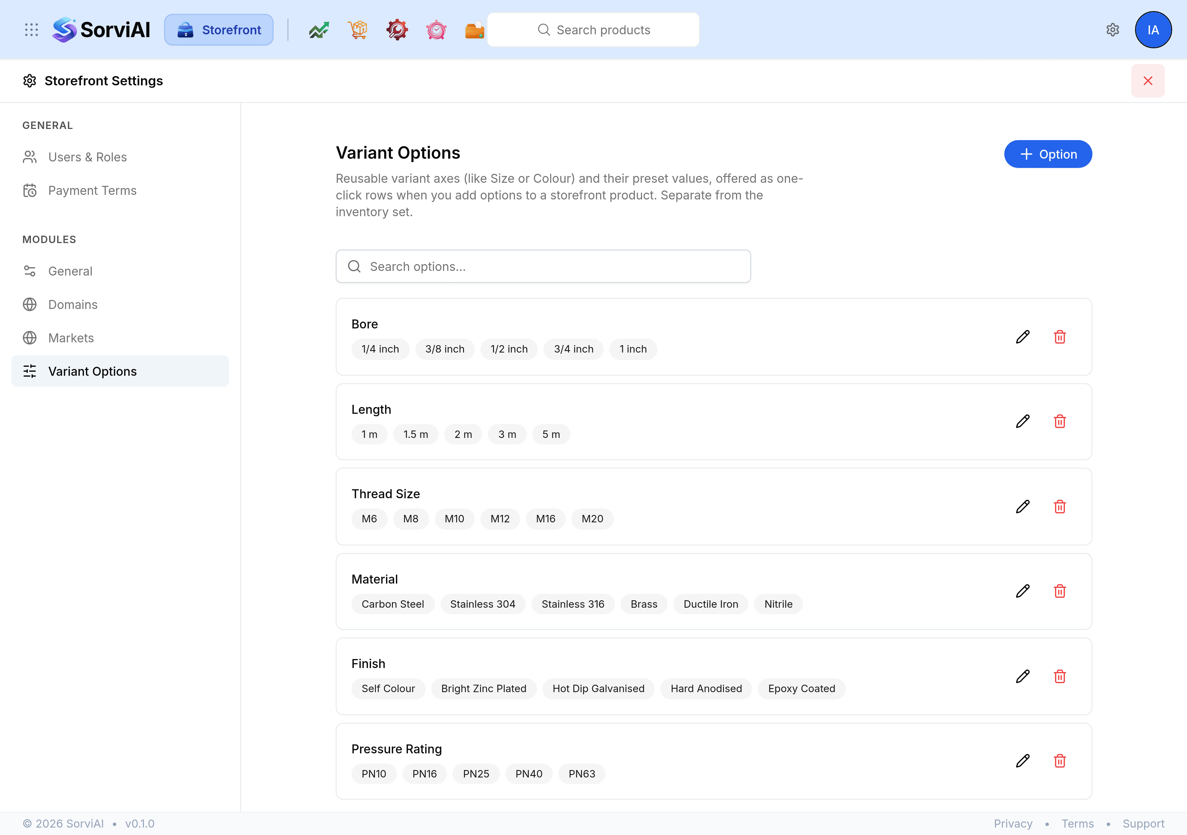 The Variant Options screen listing six axes: Bore, Length, Thread Size, Material, Finish and Pressure Rating. Each shows its values as chips, with edit and delete controls on the row and an Option button at the top right.