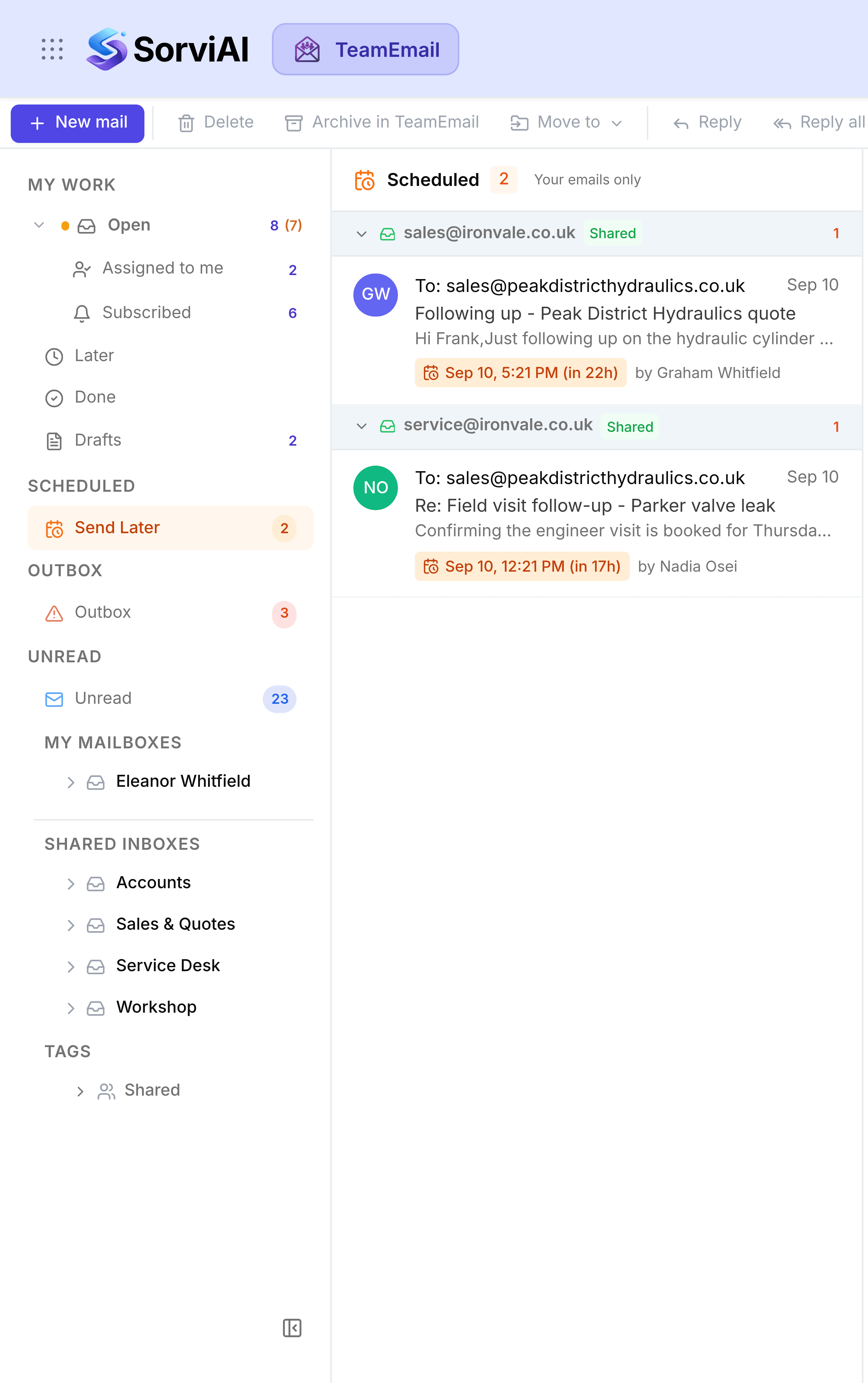 TeamEmail's Scheduled list, headed Scheduled 2, Your emails only, grouped by the shared mailbox each email will go out from. Under sales@ironvale.co.uk, marked Shared, a follow-up to Peak District Hydraulics from Graham Whitfield is due Sep 10 at 5:21pm, in 22 hours. Under service@ironvale.co.uk, marked Shared, a field-visit confirmation from Nadia Osei is due Sep 10 at 12:21pm, in 17 hours. Each row carries an orange chip with the exact send time and a countdown.