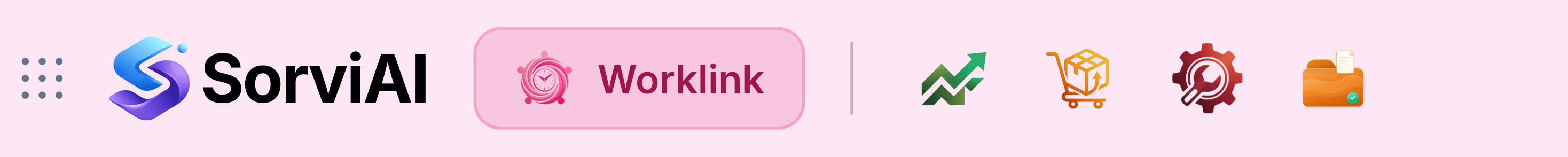 The left of the Worklink header: a grid of nine dots, the SorviAI logo, a pink pill reading Worklink with a small clock icon, a divider, and four starred app icons for other apps in the suite.