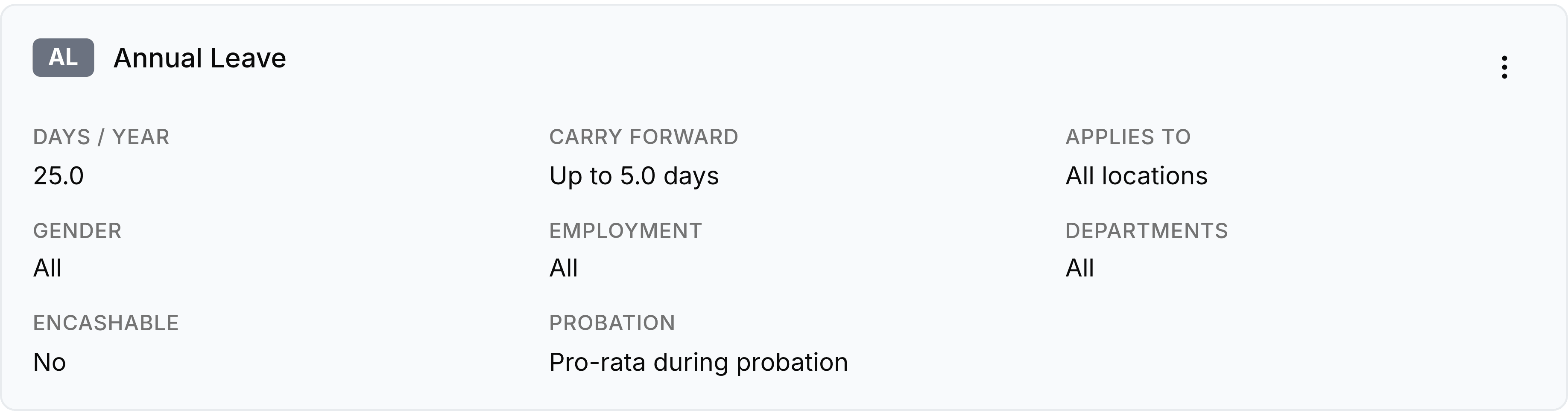 The Annual Leave policy card. A dark AL chip sits beside the name, with a three-dot menu at the right. Eight fields read Days / Year 25.0, Carry Forward Up to 5.0 days, Applies To All locations, Gender All, Employment All, Departments All, Encashable No and Probation Pro-rata during probation.