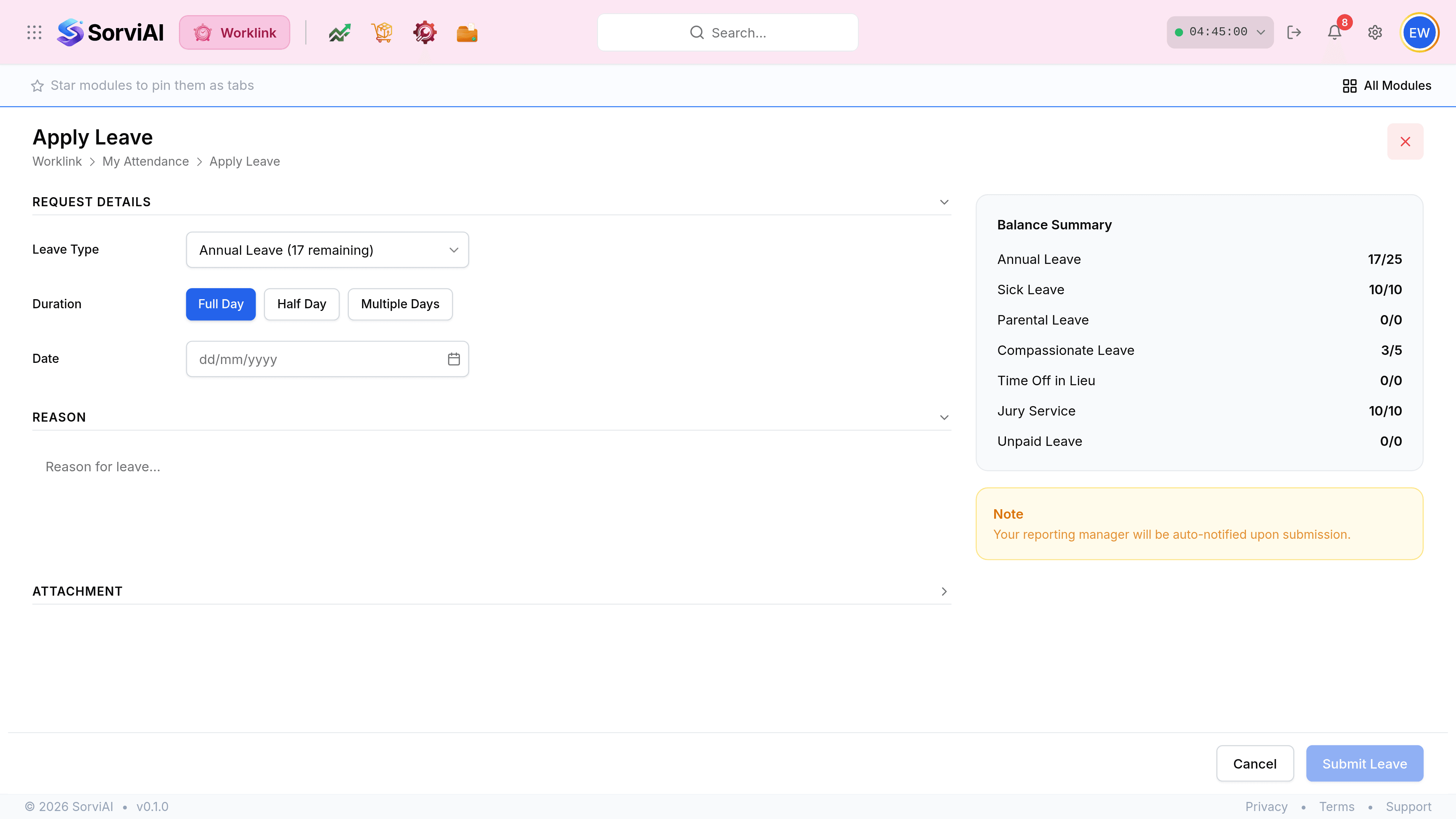 The Apply Leave screen, with the breadcrumb Worklink, My Attendance, Apply Leave. A Request Details section holds a Leave Type list reading Annual Leave (23 remaining), a Duration row of Full Day, Half Day and Multiple Days with Full Day selected, and a Date field. Reason and Attachment sections follow. A Balance Summary card and an orange note reading Your reporting manager will be auto-notified upon submission sit on the right. Cancel and Submit Leave buttons are at the foot.