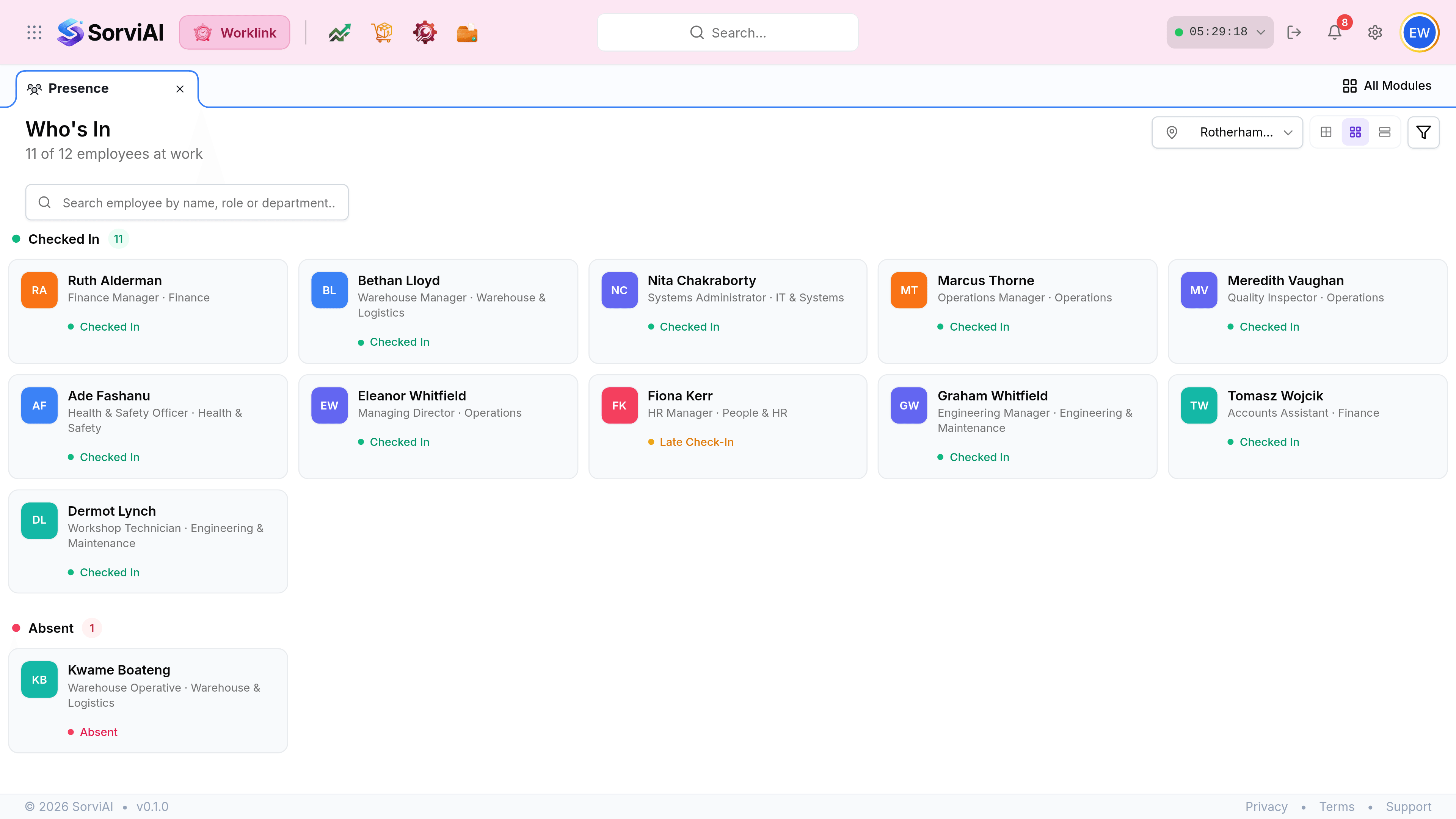The Presence screen in compact view. Employees are grouped under headings reading Checked In with a count of 5 and Checked Out with a count of 8. Each card shows initials, the person's name, their designation and department, and their state. Marcus Thorne's card reads Late Check-In and 13m.
