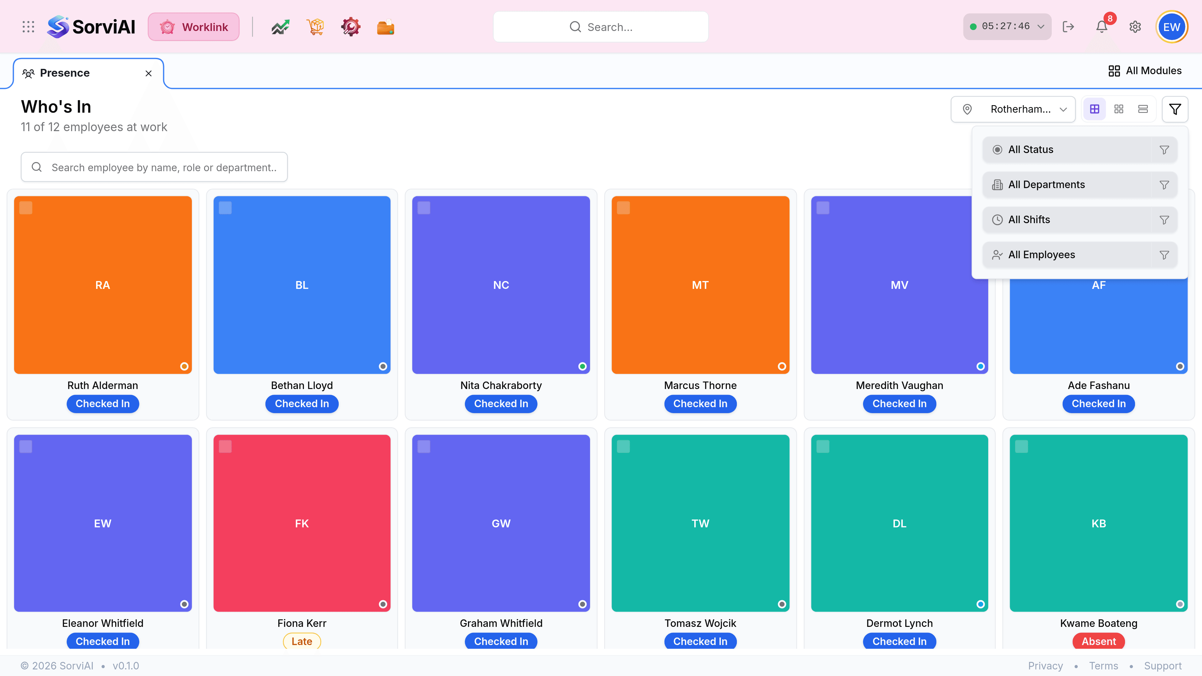 The filter panel open over the Presence list view, offering four filters: All Status, All Departments, All Shifts and All Employees.