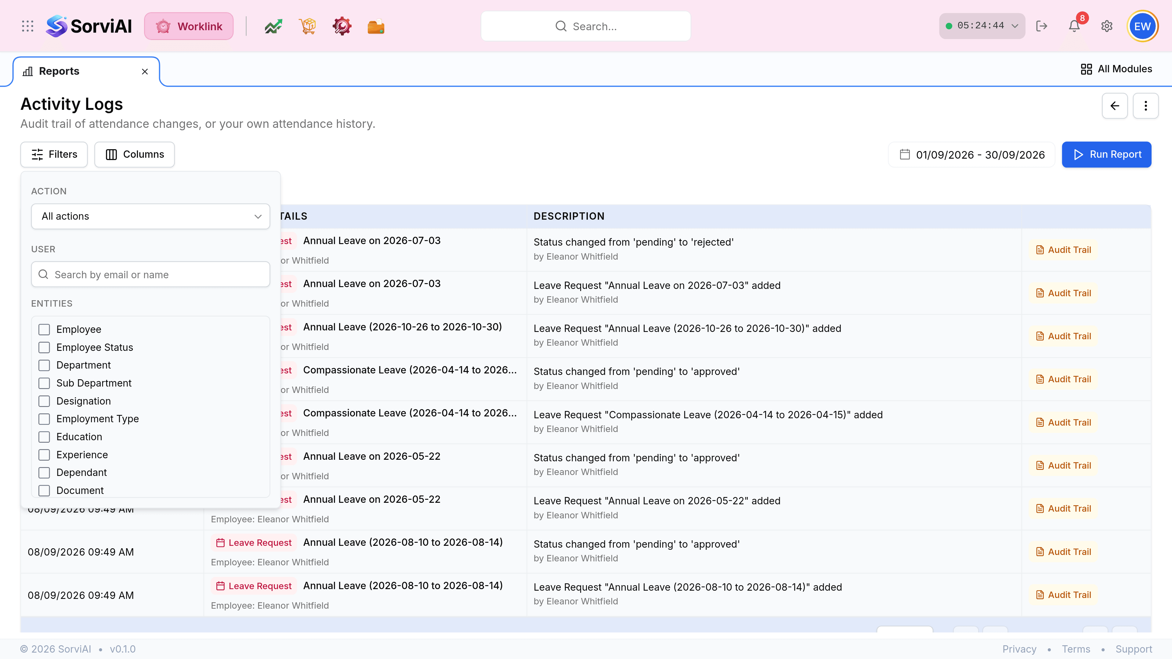 The Filters panel open on the Activity Logs report, offering the criteria the audit trail can be narrowed by before it is run.