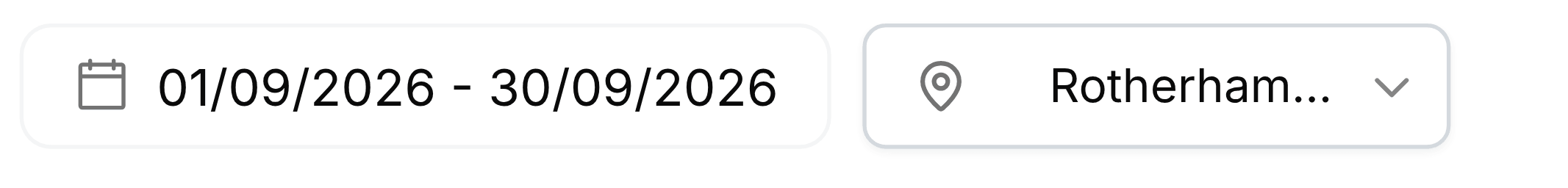 The controls at the top of the Attendance report: a date range field reading 01/09/2026 to 30/09/2026 with a calendar icon, beside a location picker showing a pin and the words Rotherham Central Warehouse.
