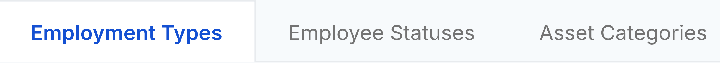 The tab strip on the Employees settings screen, reading Employment Types, Employee Statuses and Asset Categories. Employment Types is selected and underlined in blue.