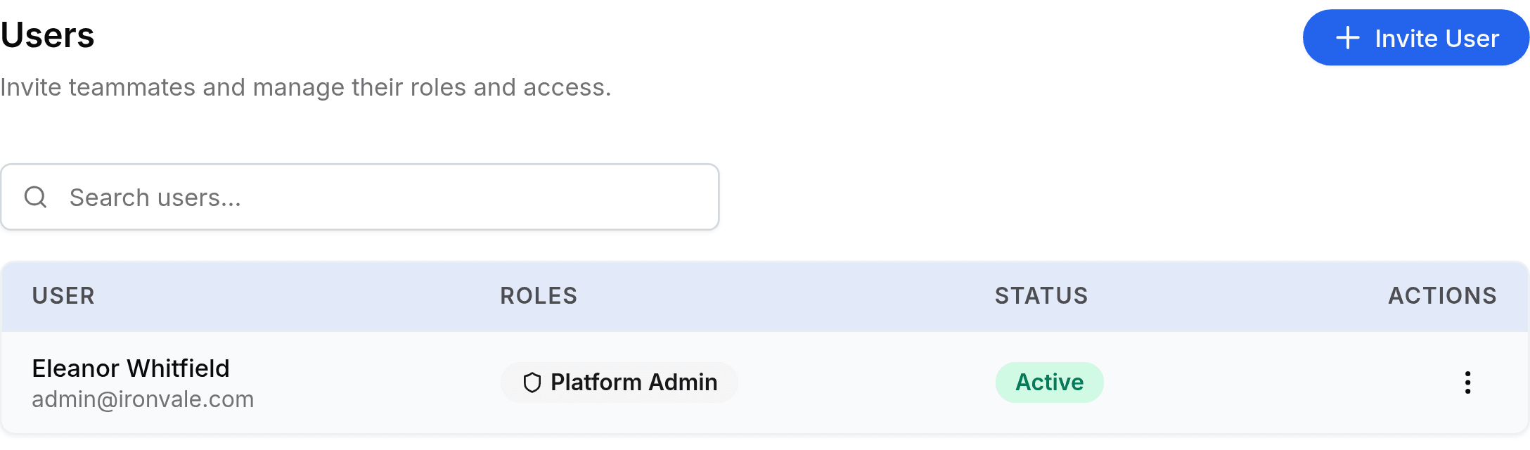 The Users tab, headed Users above the line Invite teammates and manage their roles and access, with a blue Invite User button at the right. A Search users box sits below it, above a table with columns User, Roles, Status and Actions. One row reads Eleanor Whitfield, admin@ironvale.com, a Platform Admin role chip, and a green Active status.