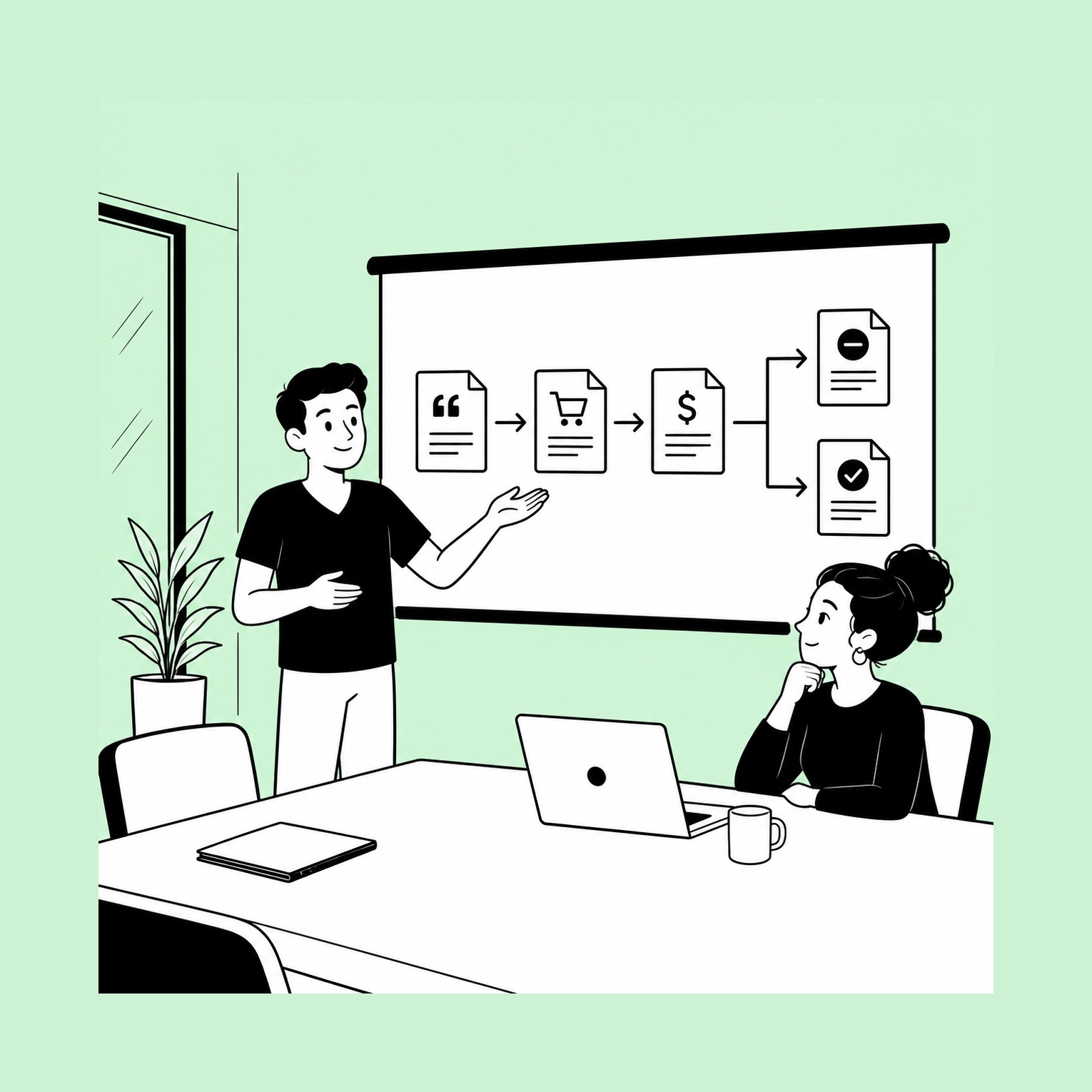 Two colleagues in a meeting room, one presenting at a screen that shows a document chain: a quotation leading to an order, the order to an invoice, and the invoice branching to a credit note and a settled document.