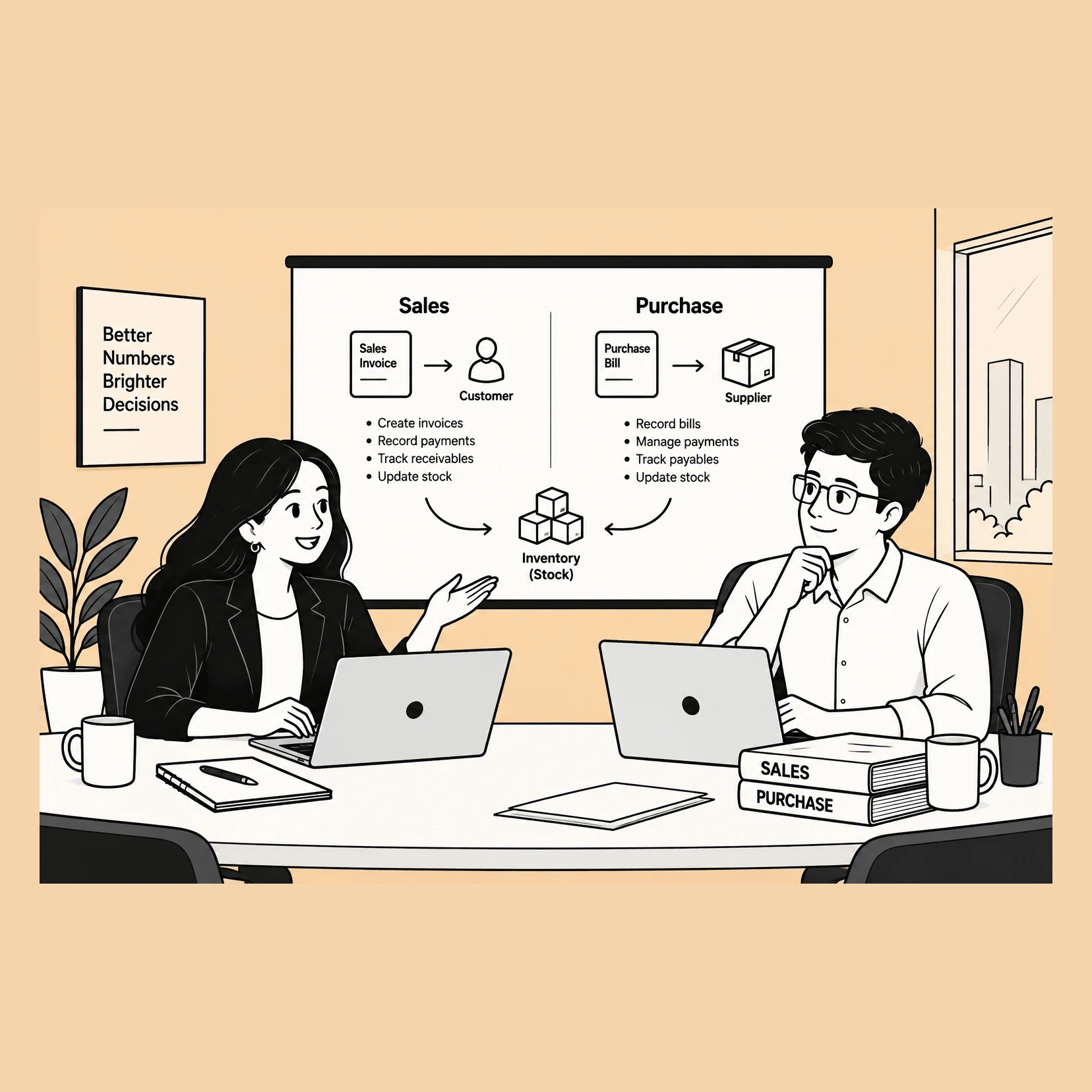 Two colleagues at a table with laptops, in front of a whiteboard split into Sales and Purchase. A sales invoice leads to a customer on one side and a purchase bill to a supplier on the other, and both curve down into a stack of boxes labelled inventory.