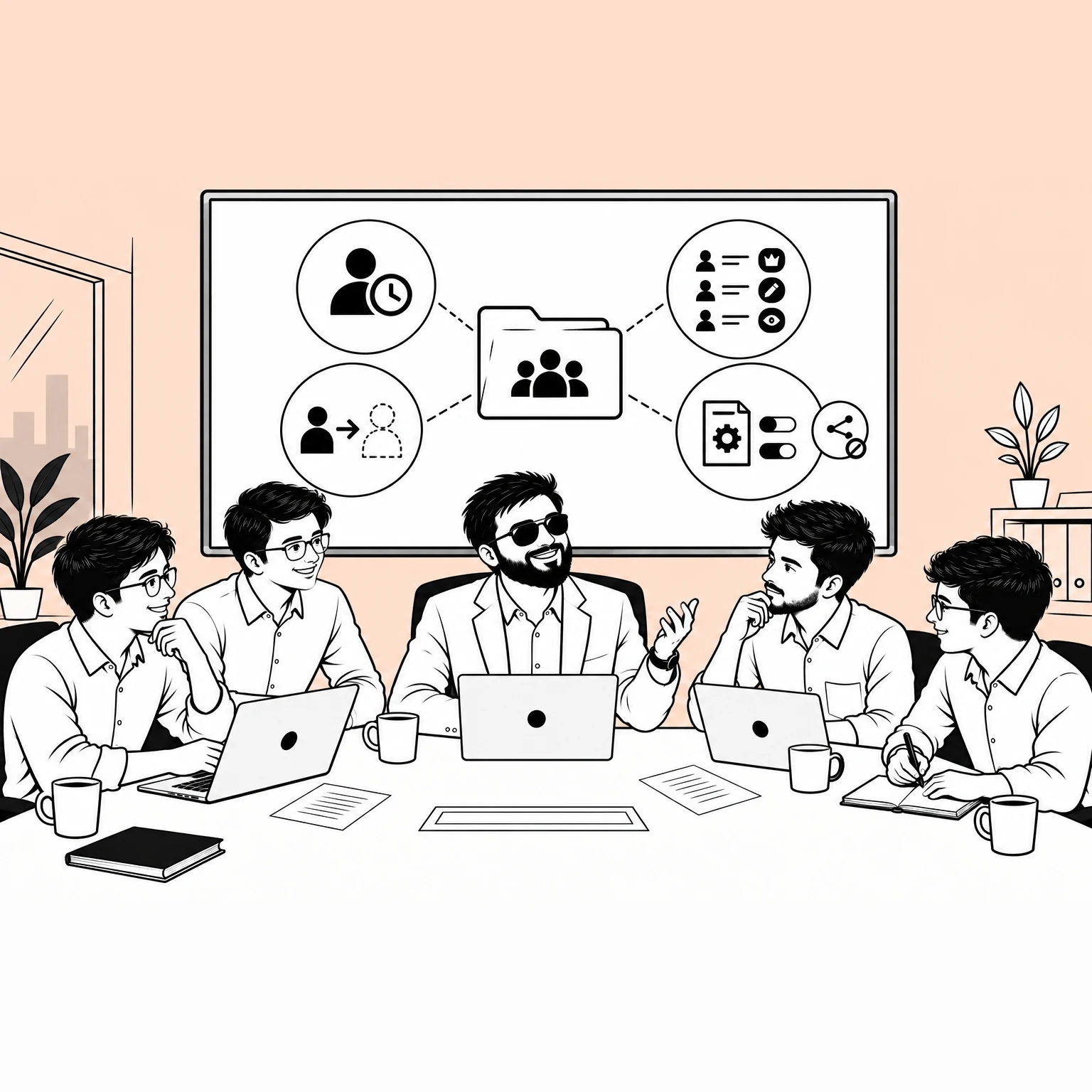 Five colleagues around a table. On the whiteboard behind them, a folder marked with a group of people connects to four circles: a member beside a clock, a member handing over to an outlined figure, a list of members each with a different mark, and a document with toggles beside a crossed-out share symbol.