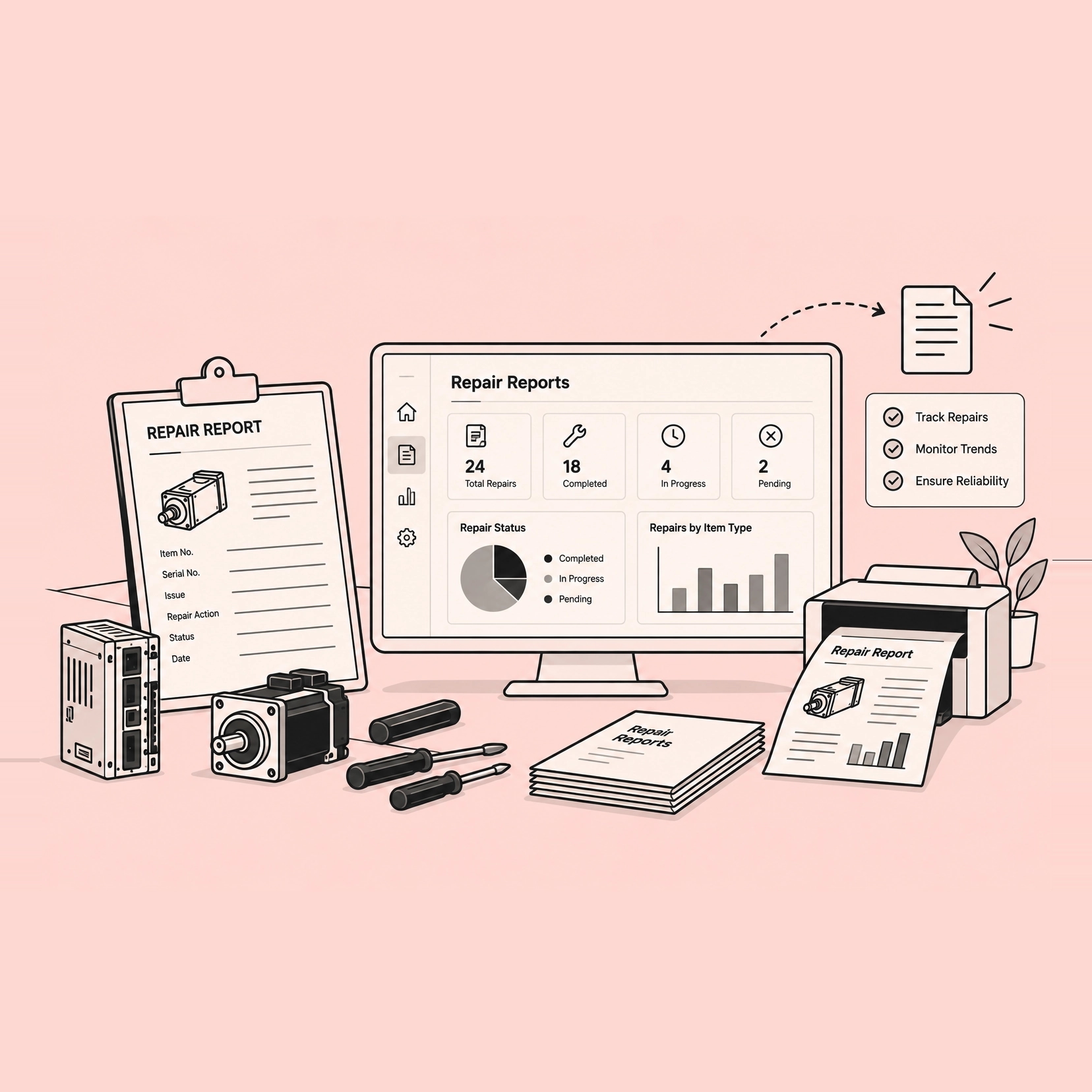 A screen headed Repair Reports showing counts of total, completed, in progress and pending repairs above a status breakdown and a chart of repairs by item type, with a printed repair report sheet beside it listing item number, serial number, issue, repair action, status and date.