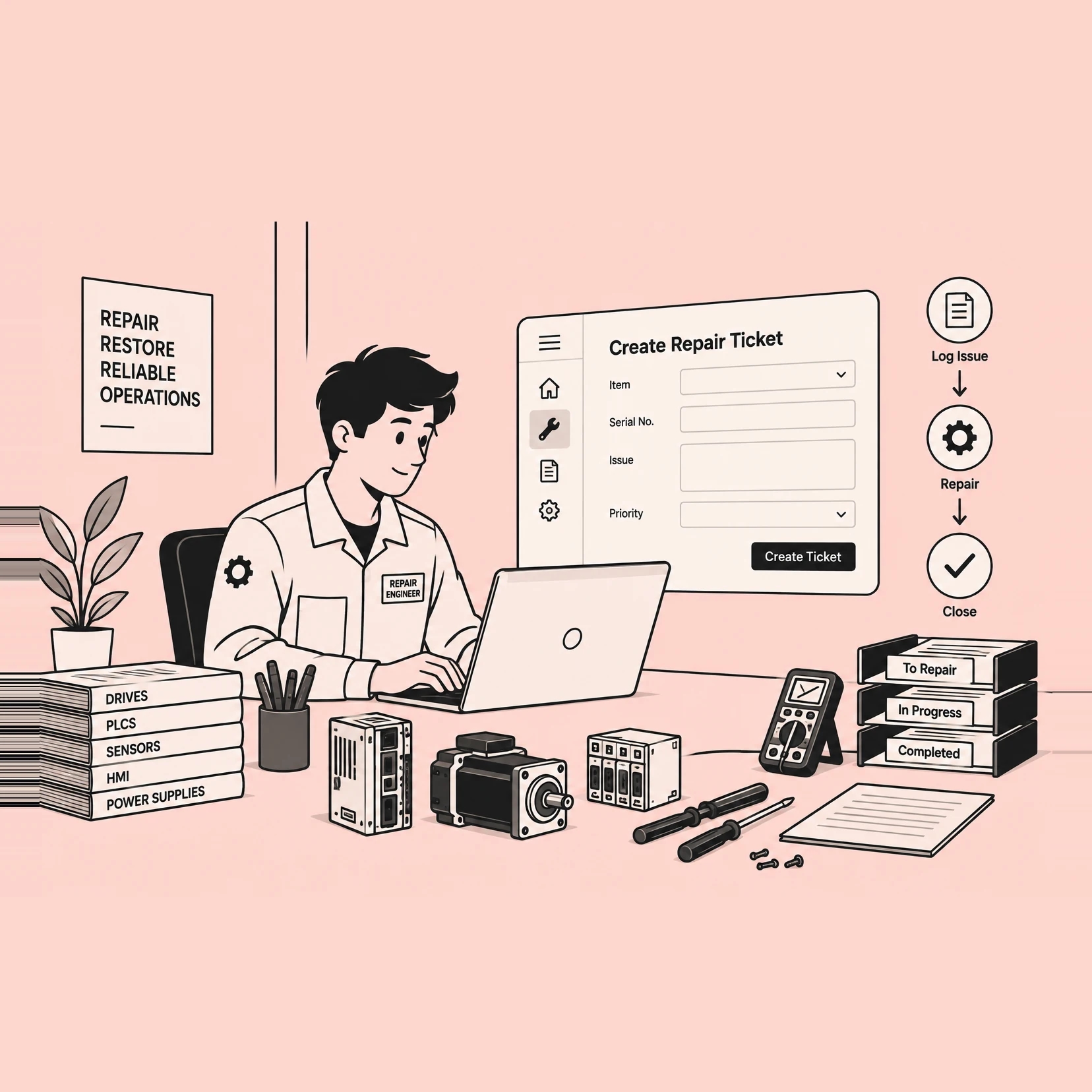 A repair engineer at a desk of drives, motors and sensors, with a Create Repair Ticket form beside him carrying fields for item, serial number, issue and priority, and trays labelled To Repair, In Progress and Completed.