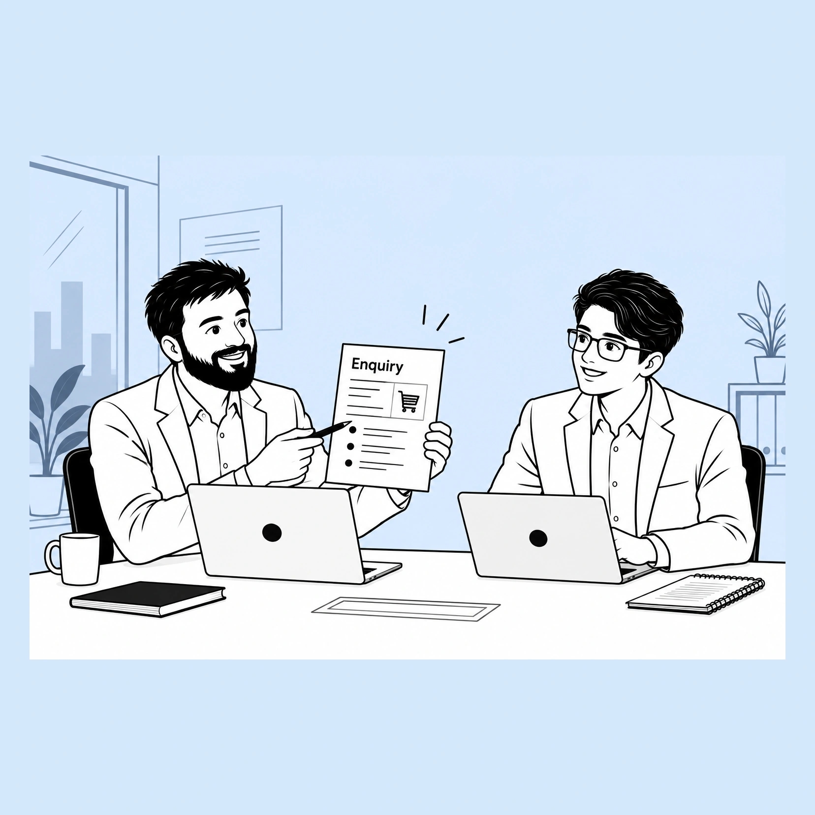 Two colleagues at a table with laptops. One holds up a sheet headed Enquiry, carrying a short list of lines and a shopping trolley mark, and points at it while the other looks across.