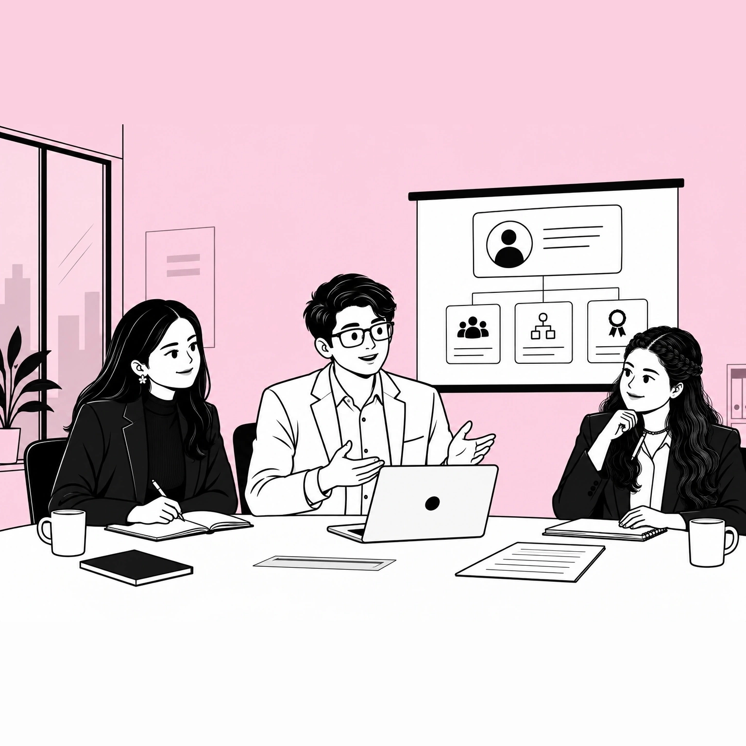 Three colleagues around a meeting table. On the screen behind them, a card showing one person branches down into three cards: a group of people, an organisation chart node, and a rosette.