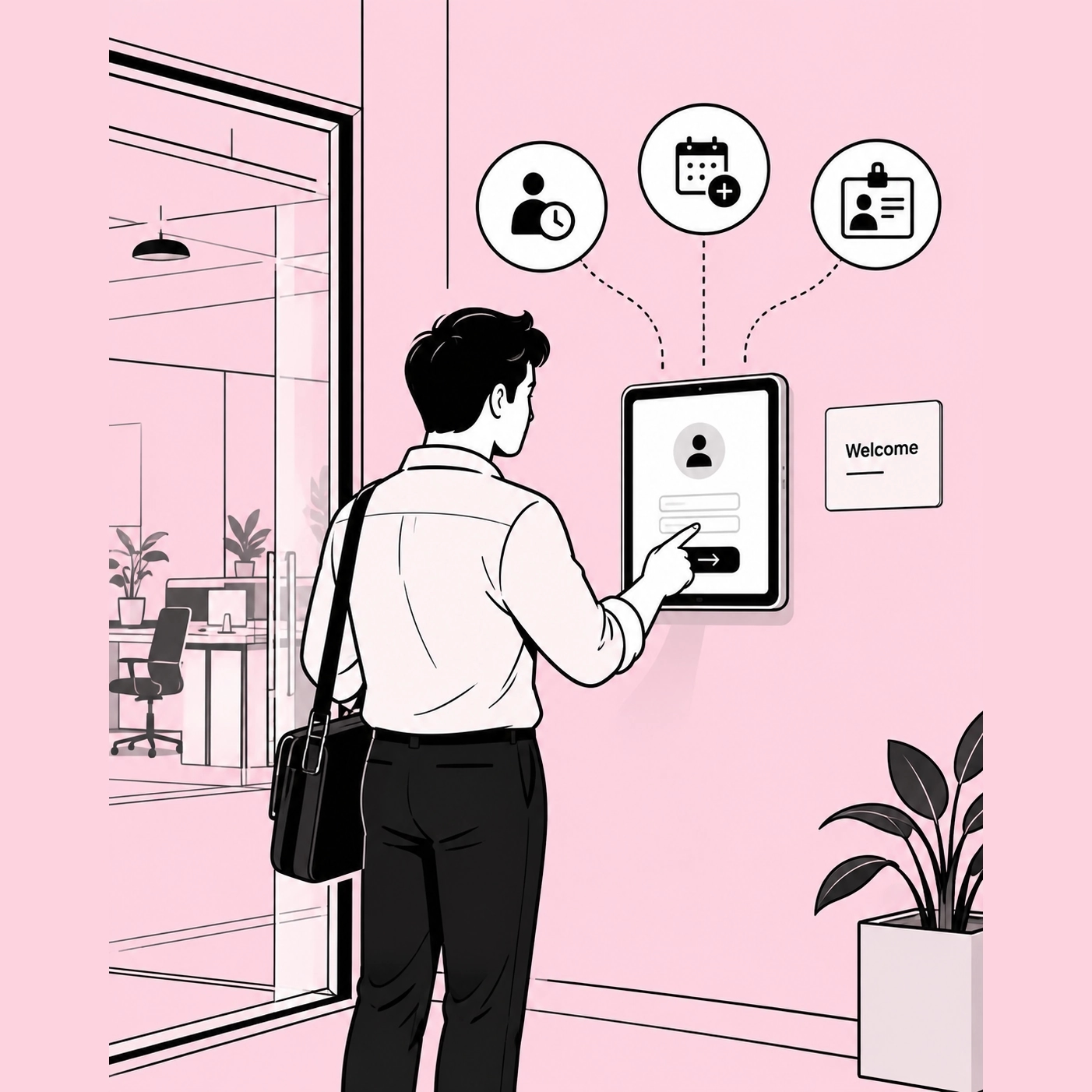 A person stands at a tablet mounted on an office wall, touching its screen. Three circled marks are dashed down into the tablet: a figure with a clock, a calendar with a plus, and an ID badge. A glass partition to the left looks through to desks, and a Welcome sign hangs beside the tablet.