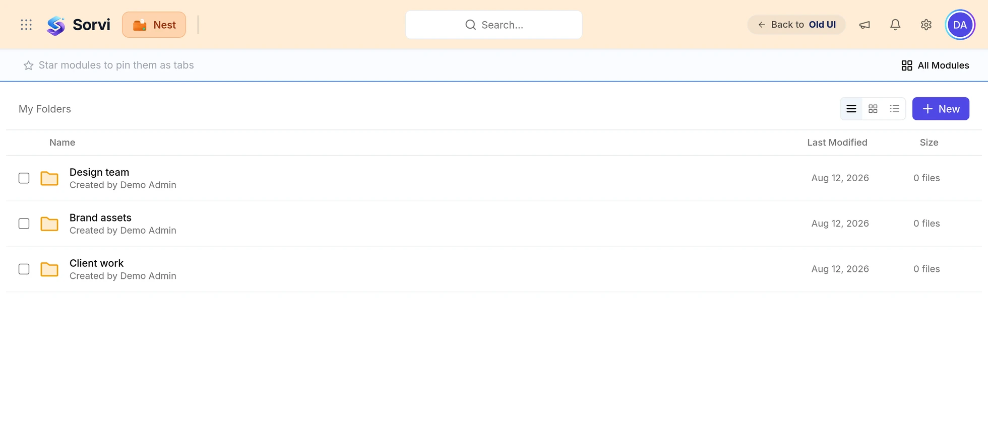 The Nest folder list: three team folders named Design team, Brand assets and Client work, each showing who created it, when it was last modified and how many files it holds.