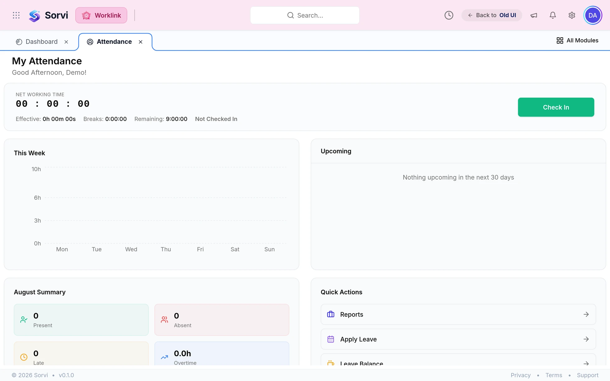 The Worklink My Attendance screen: a net working time counter with a Check In button, a bar chart of hours worked this week, a monthly summary of present, absent, late and overtime, and quick actions for reports and leave.