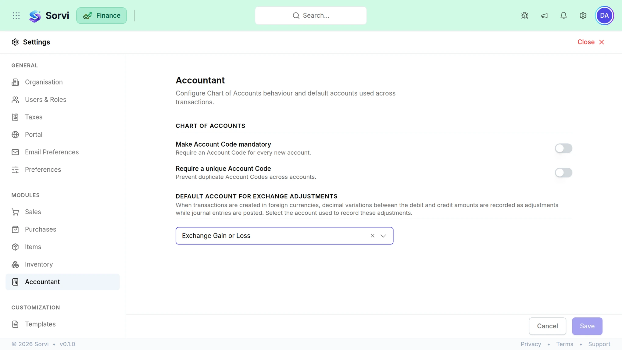The SorviAI Finance accountant settings, showing chart of accounts rules and the account used for foreign exchange adjustments.