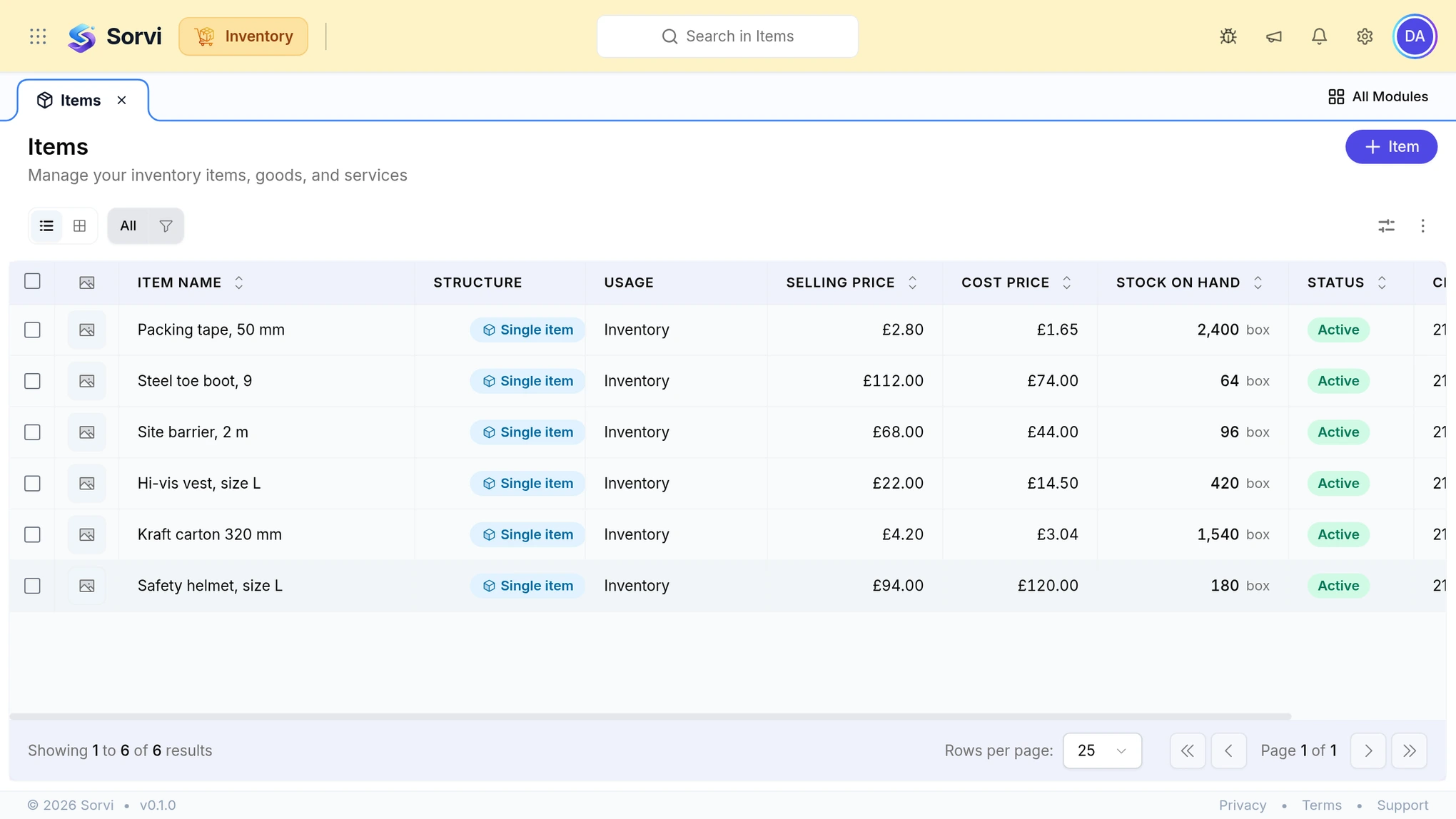 The SorviAI Inventory items list, showing each item with its selling price, cost price and stock on hand.