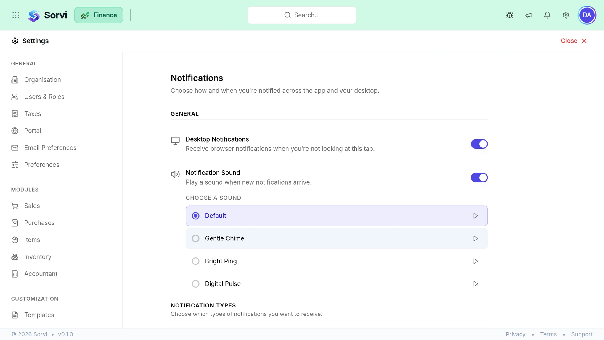 The SorviAI Finance notification settings, showing desktop and sound alert options and the notification types a user can choose.