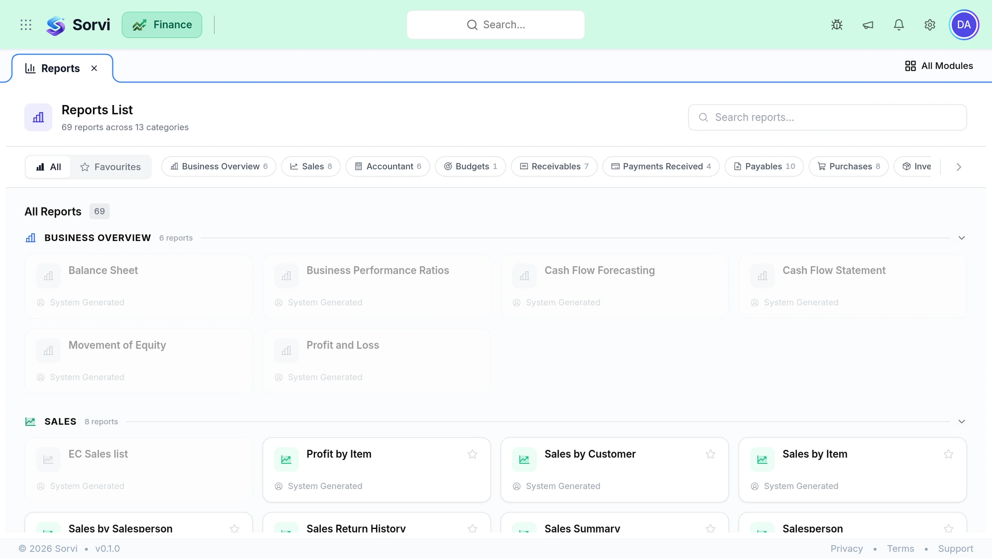 The SorviAI Finance reports list, showing 69 reports grouped into categories such as business overview, sales and receivables.