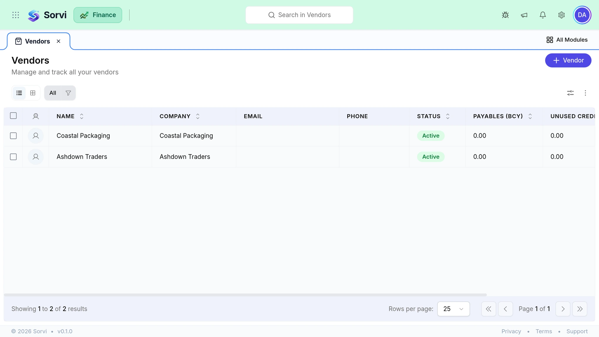 The SorviAI Finance vendor list, showing each vendor with its company, status, payables and unused credits.