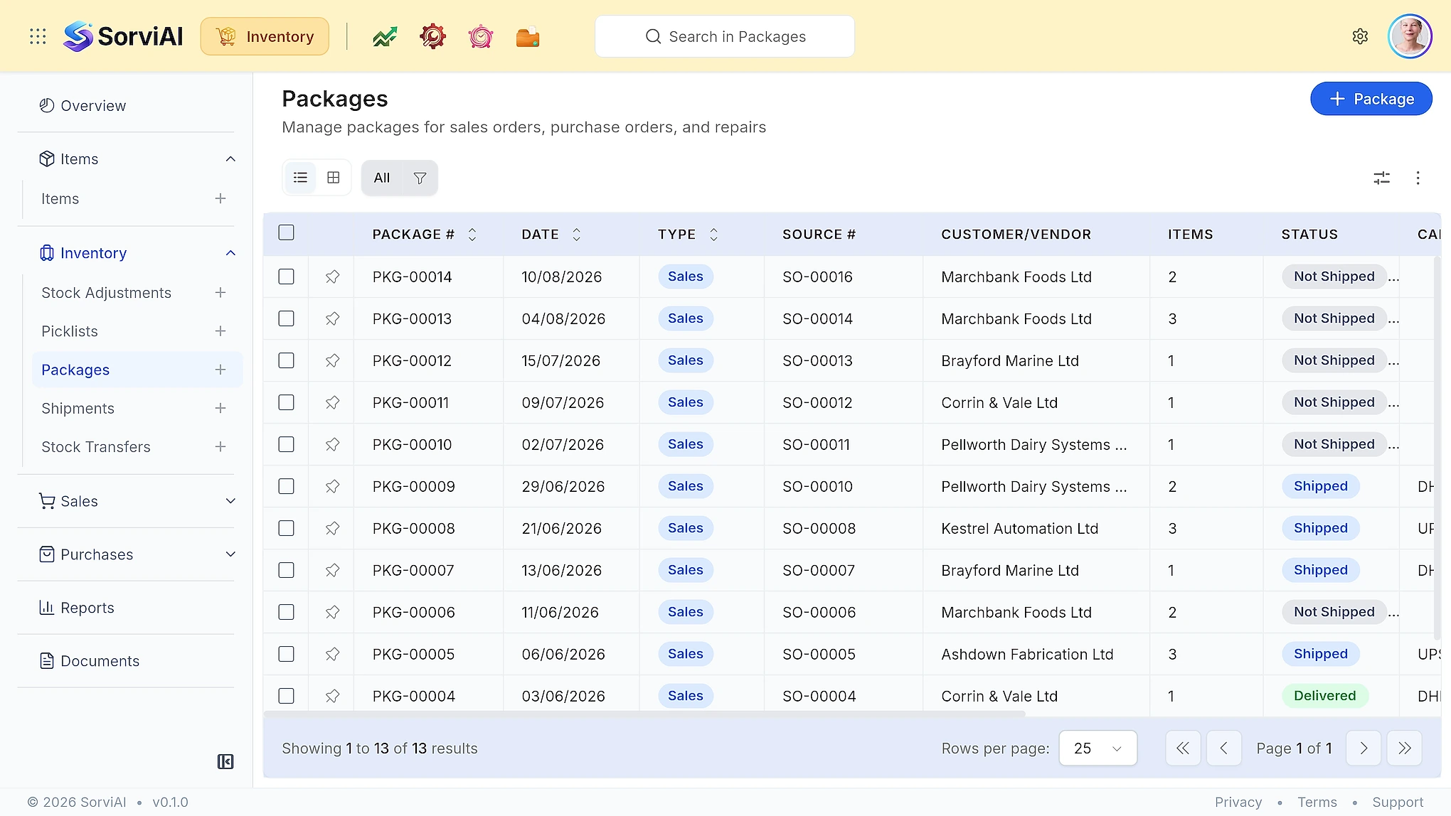 The SorviAI Inventory packages list, showing packages raised against sales orders with their customer, item count, despatch status and carrier.