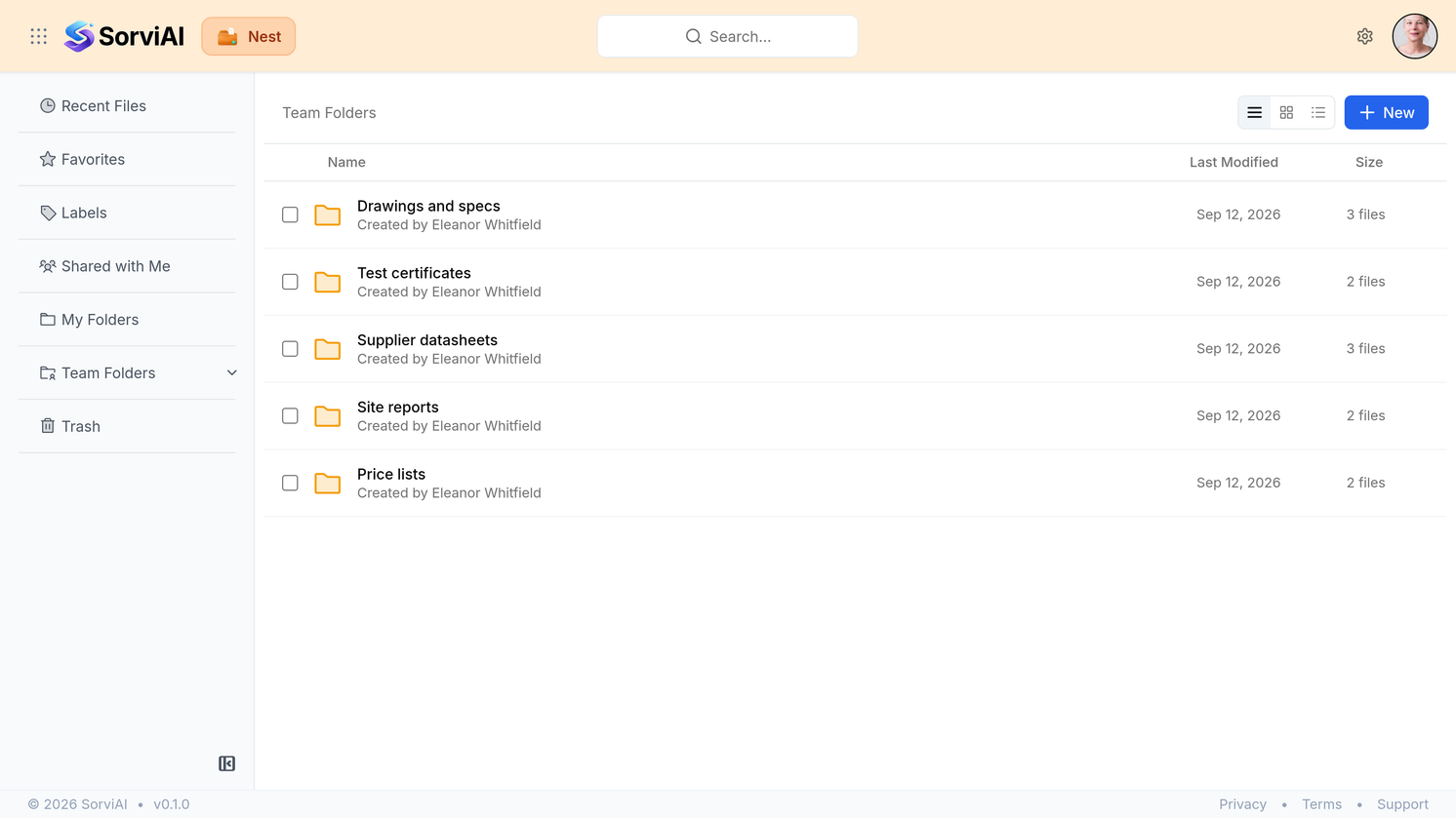 Shared team folders in Nest: drawings and specs, test certificates, supplier datasheets, site reports and price lists, each showing who created it and how many files it holds.