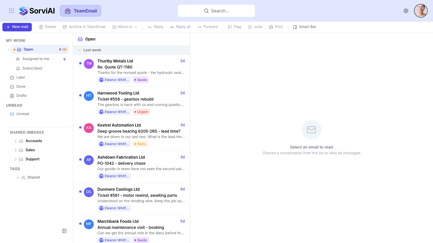 The TeamEmail shared inbox in SorviAI, listing conversations from named trade customers with the quote, ticket or purchase order each one is about, who it is assigned to and the tag it carries, beside the shared Accounts, Sales and Support inboxes.