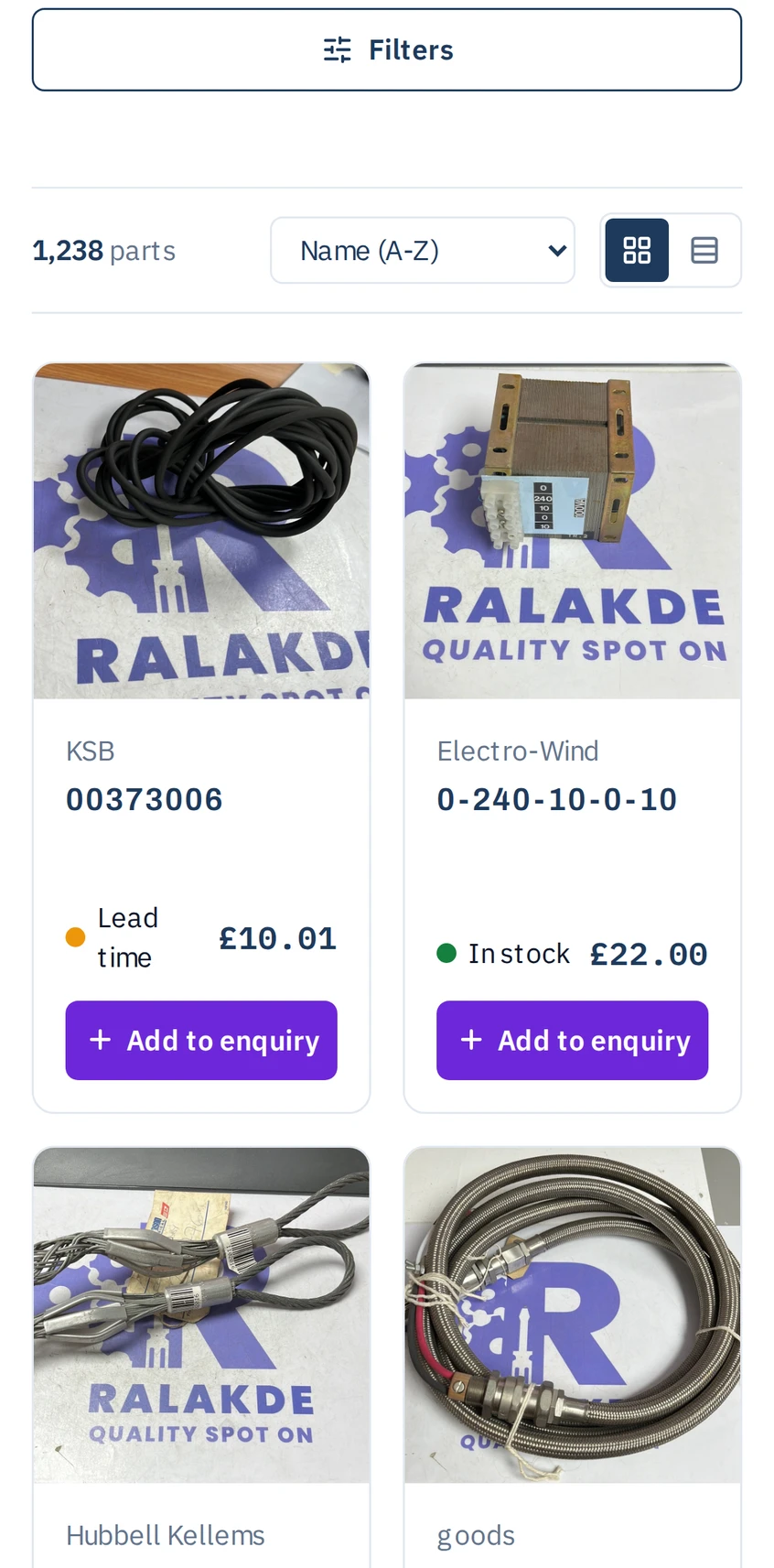 The same parts catalogue on a phone, with a filters control, a result count and a two-column grid of parts.